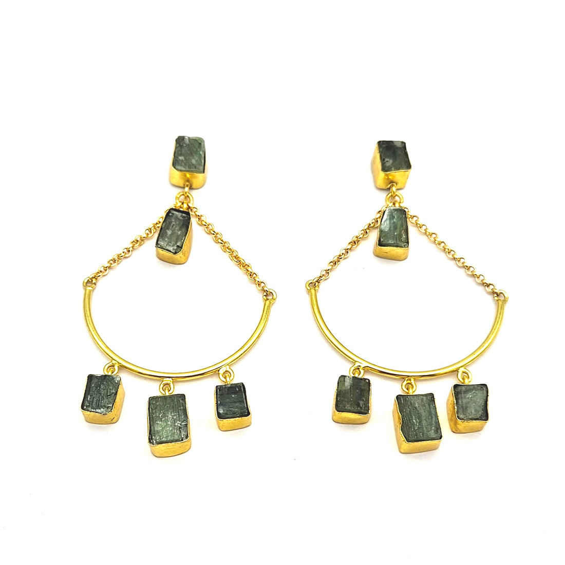 Amazing Gold Plated Rough Green Onyx Stone Hanging Chain Charming Dangle Drop Earrings