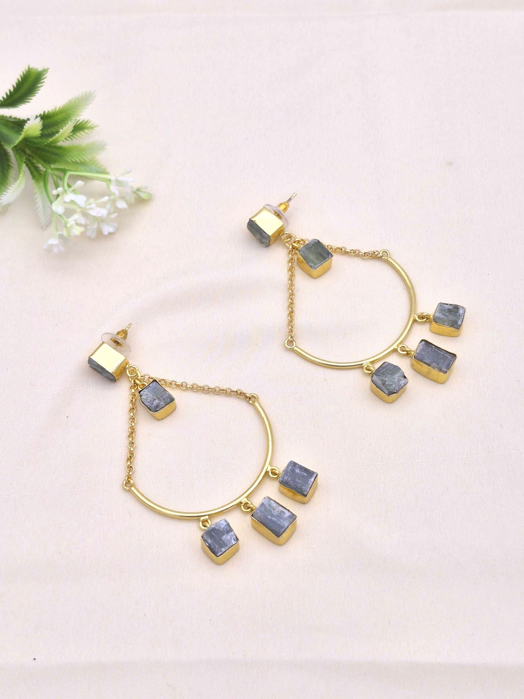 Amazing Gold Plated Rough Green Onyx Stone Hanging Chain Charming Dangle Drop Earrings