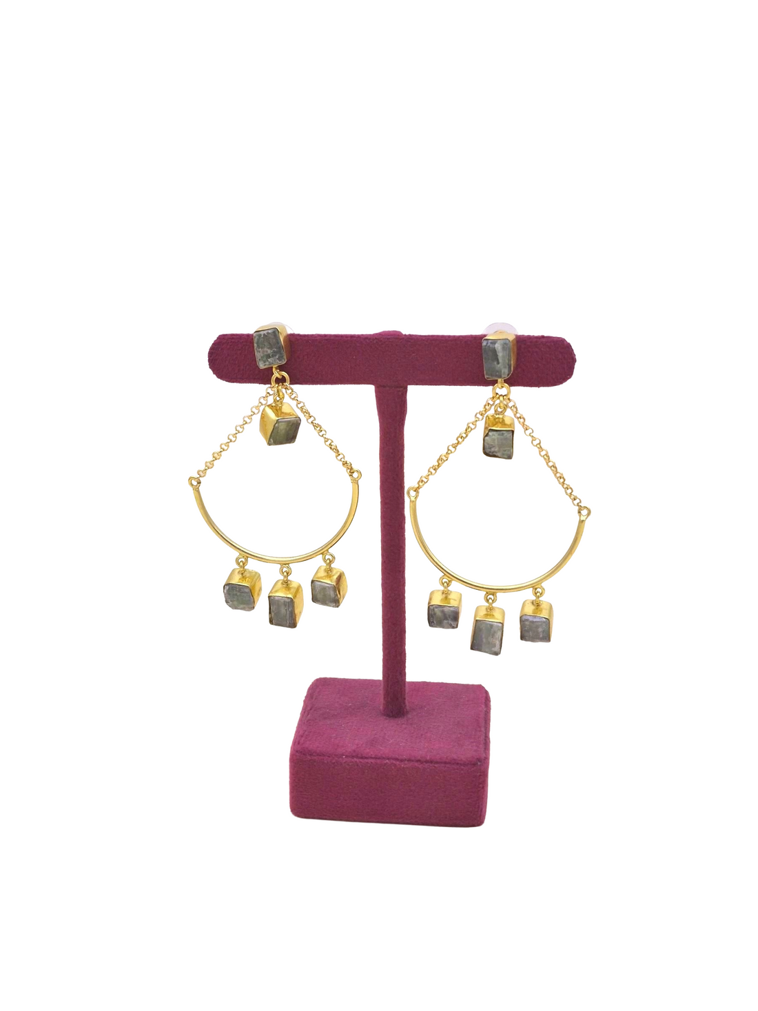 Amazing Gold Plated Rough Green Onyx Stone Hanging Chain Charming Dangle Drop Earrings
