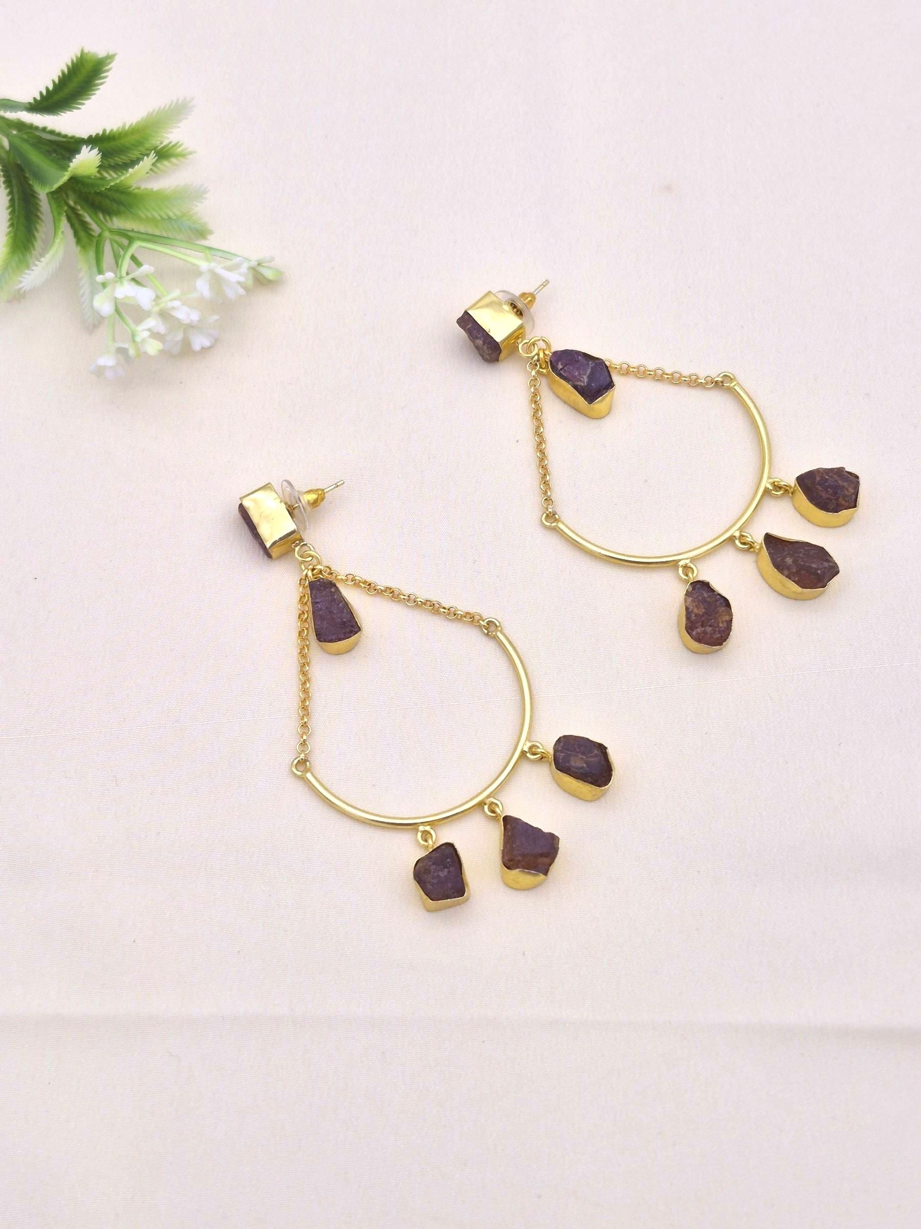 Amazing Gold Plated Rough Red Onyx Stone Hanging Chain Charming Dangle Drop Earrings
