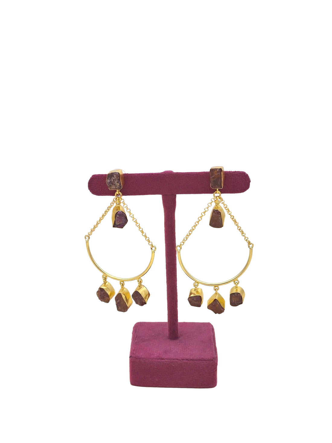 Amazing Gold Plated Rough Red Onyx Stone Hanging Chain Charming Dangle Drop Earrings
