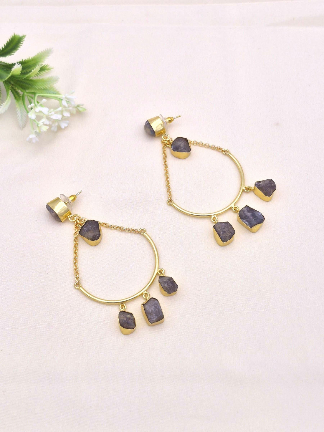 Amazing Gold Plated Rough Labradorite Stone Hanging Chain Charming Dangle Drop Earrings