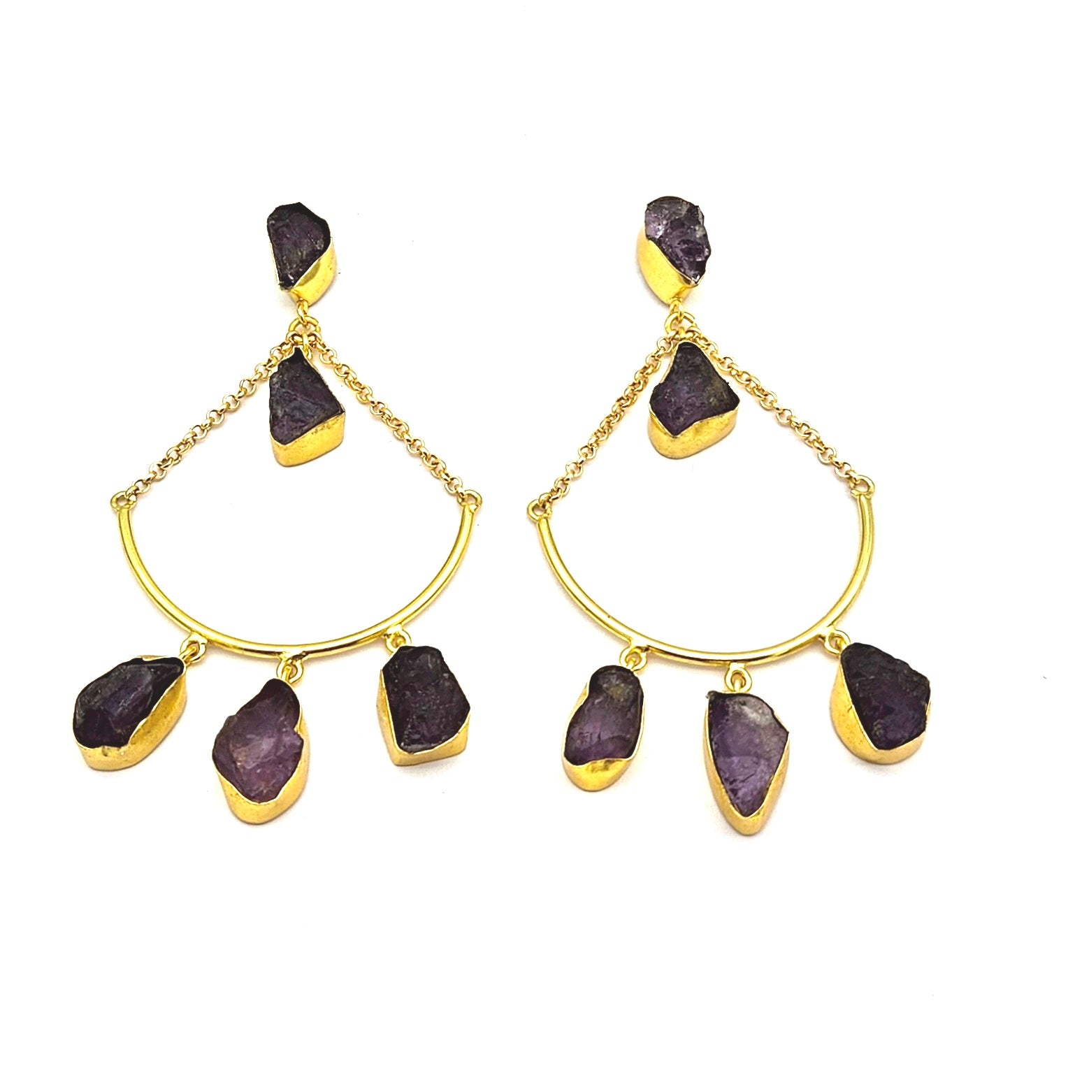 Amazing Gold Plated Rough Amethyst Stone Hanging Chain Charming Dangle Drop Earrings