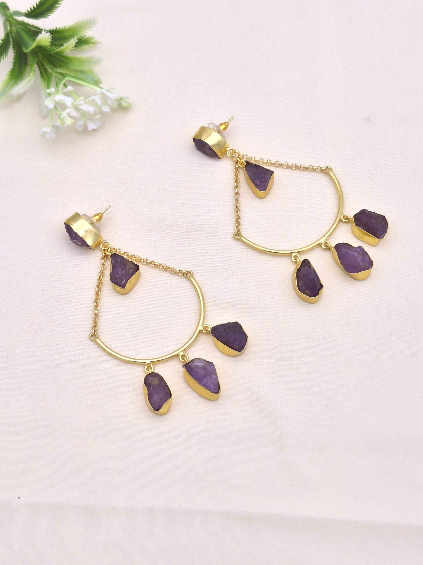 Amazing Gold Plated Rough Amethyst Stone Hanging Chain Charming Dangle Drop Earrings