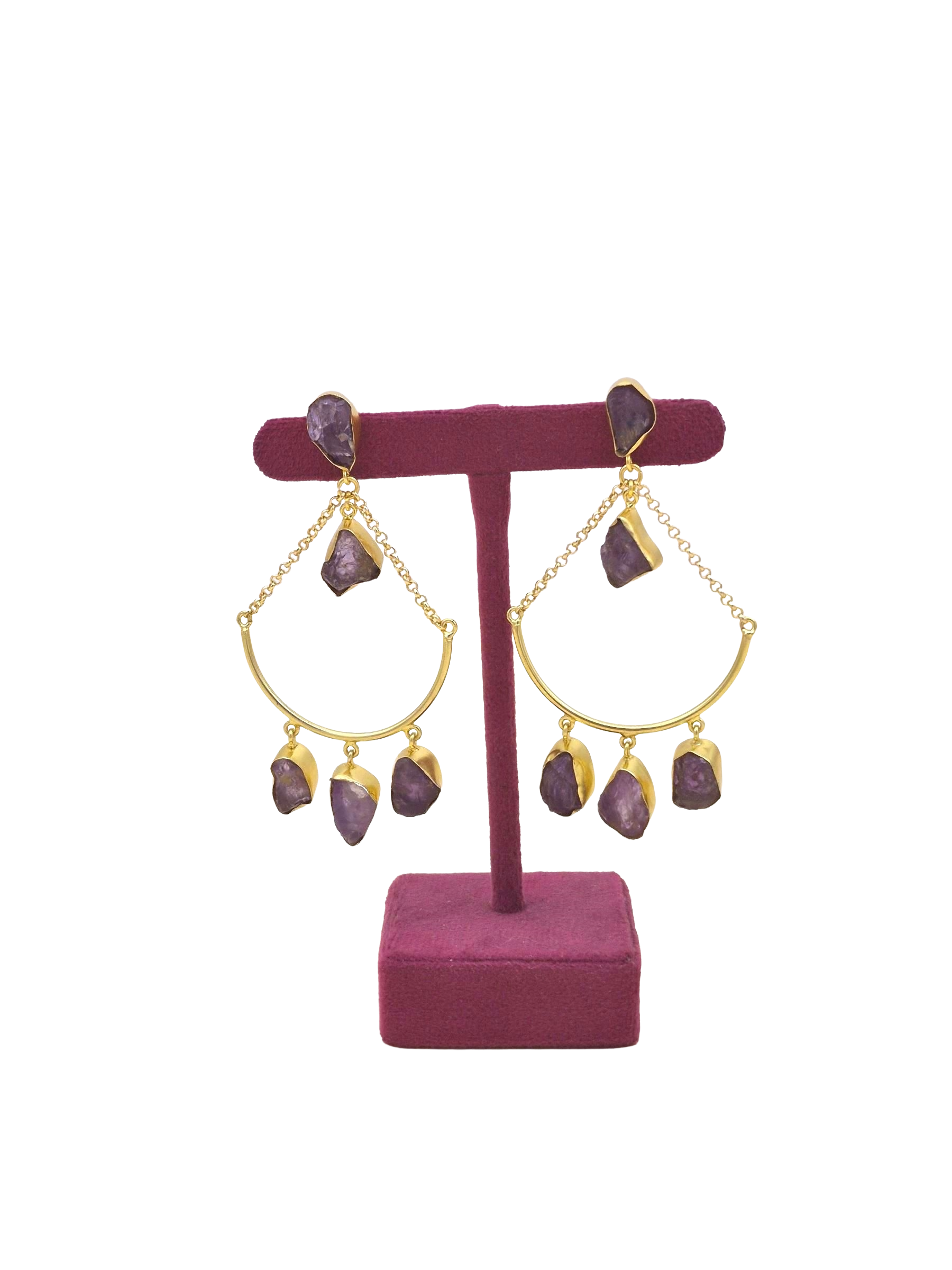 Amazing Gold Plated Rough Amethyst Stone Hanging Chain Charming Dangle Drop Earrings