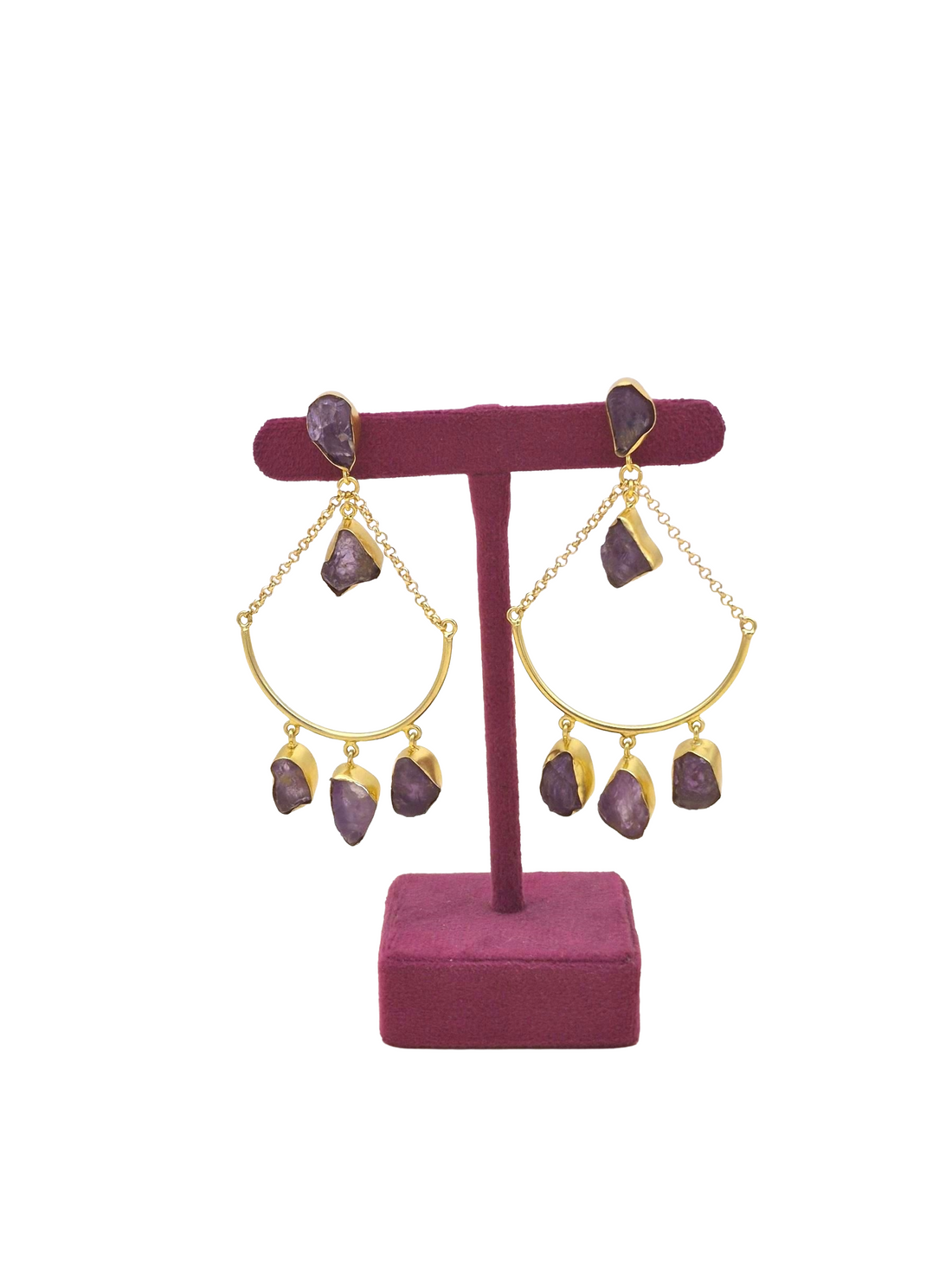Amazing Gold Plated Rough Amethyst Stone Hanging Chain Charming Dangle Drop Earrings
