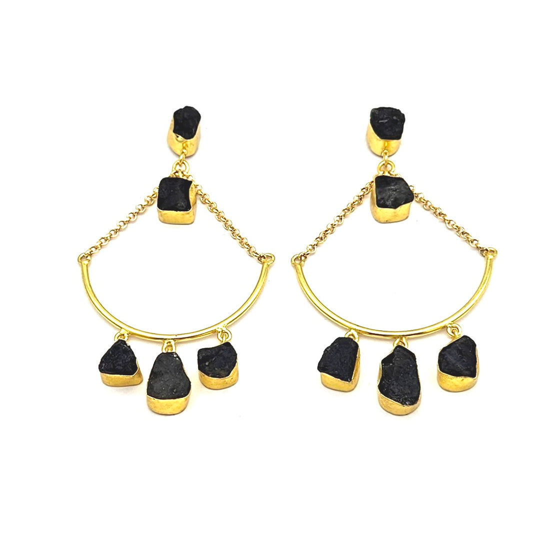 Amazing Gold Plated Rough Black Onyx Stone Hanging Chain Charming Dangle Drop Earrings