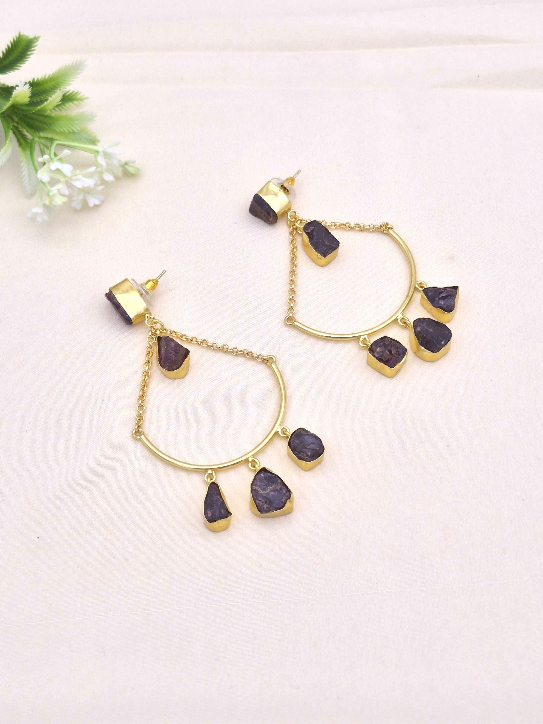 Amazing Gold Plated Rough Black Onyx Stone Hanging Chain Charming Dangle Drop Earrings