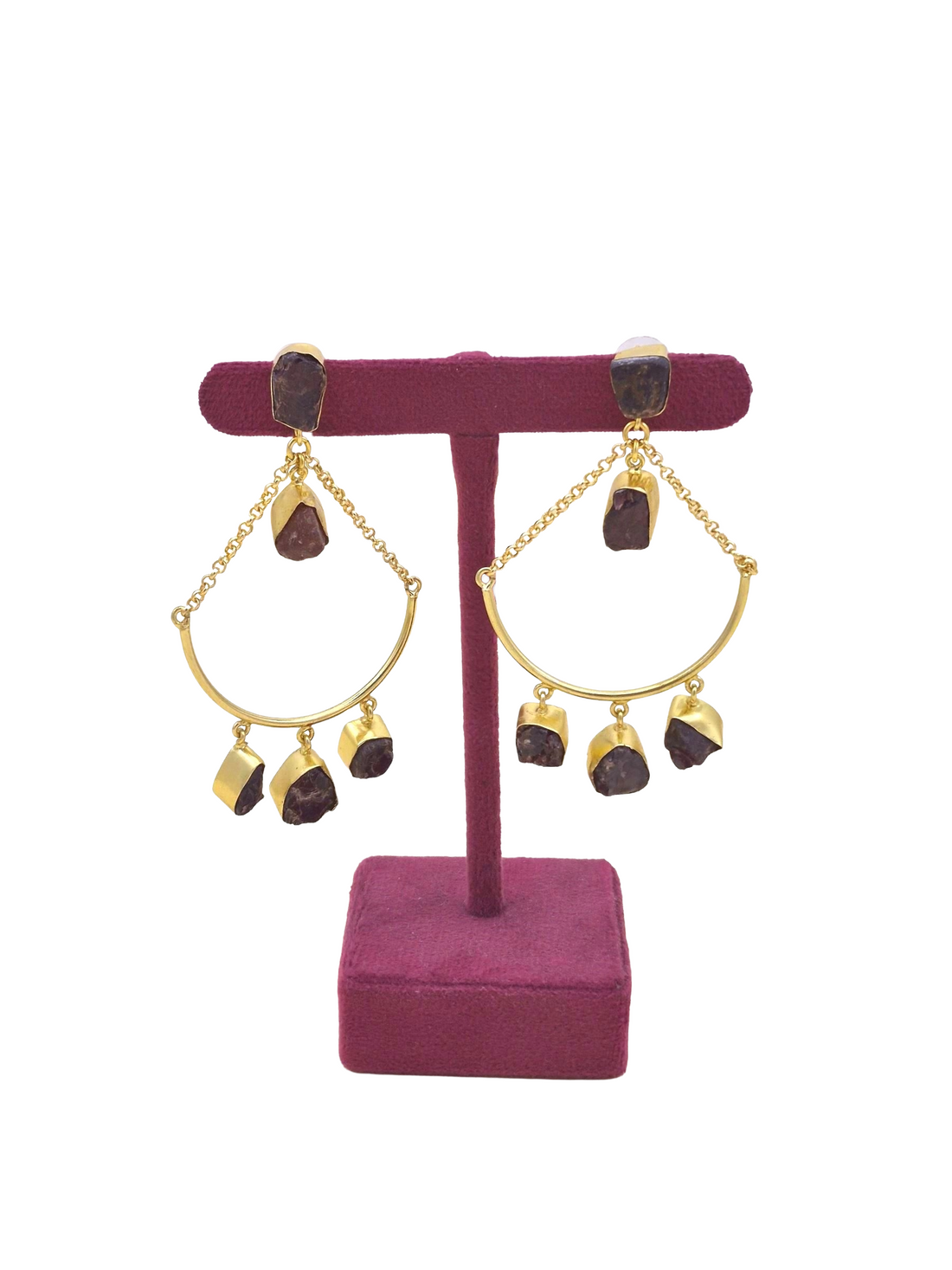 Amazing Gold Plated Rough Black Onyx Stone Hanging Chain Charming Dangle Drop Earrings