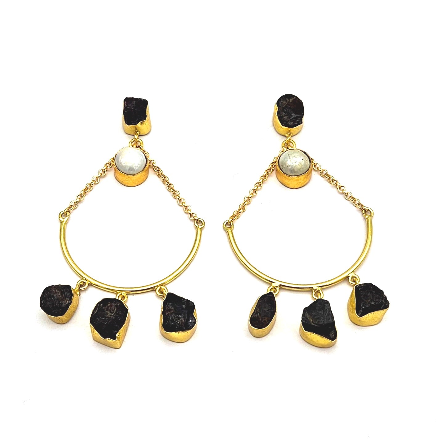 Amazing Gold Plated Rough Black Onyx Pearl Stone Hanging Chain Charming Dangle Drop Earrings