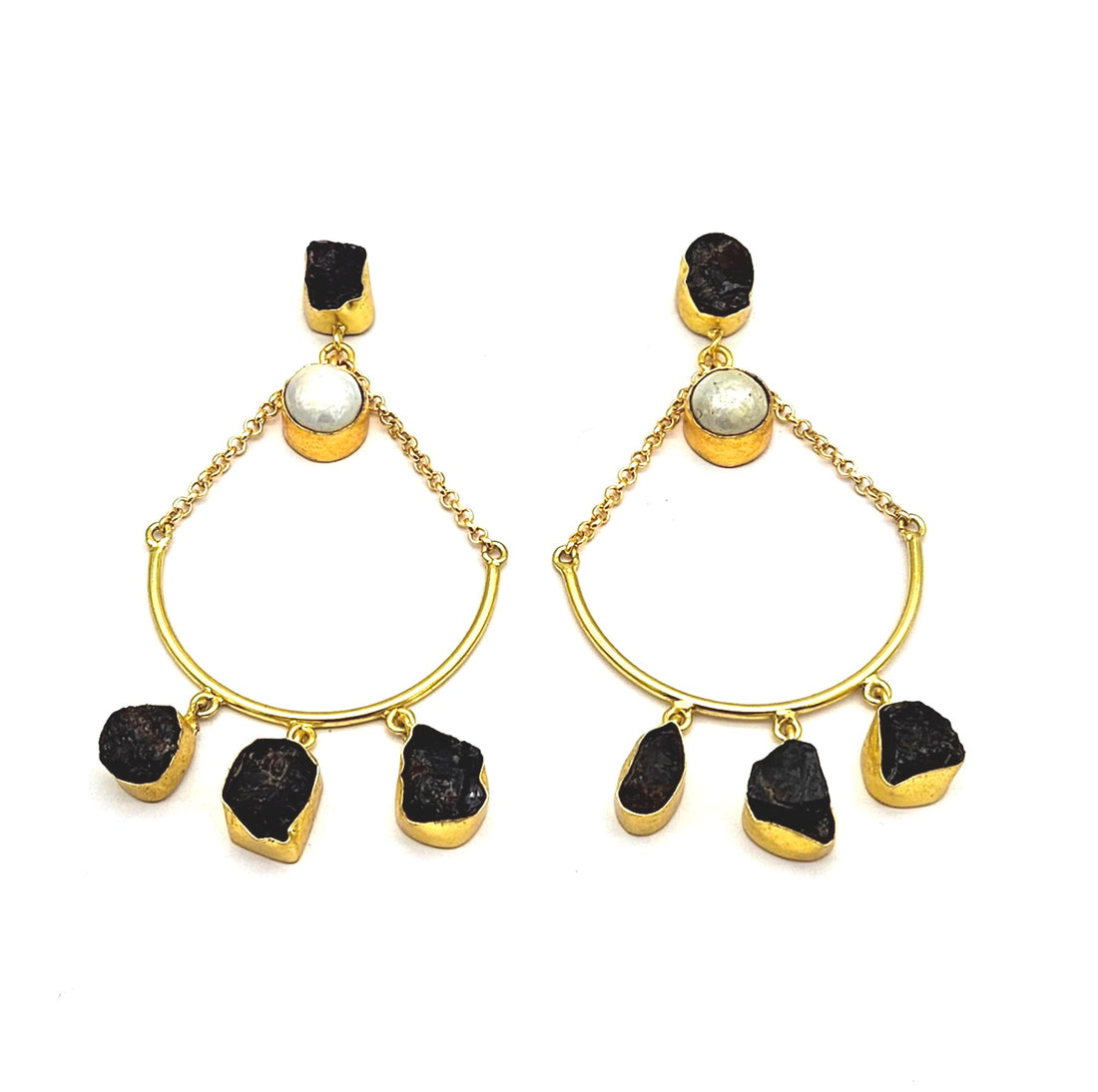 Amazing Gold Plated Rough Black Onyx Pearl Stone Hanging Chain Charming Dangle Drop Earrings