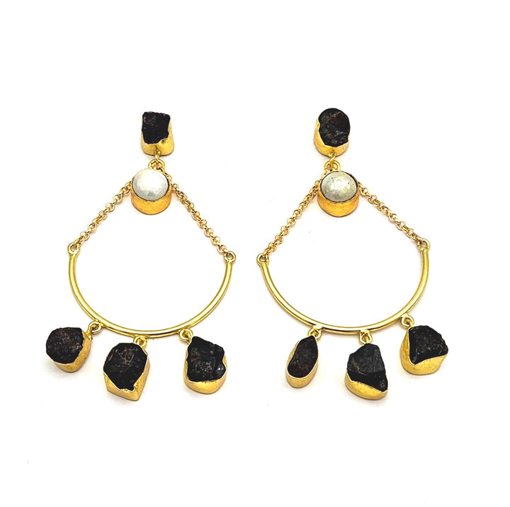 Amazing Gold Plated Rough Black Onyx Pearl Stone Hanging Chain Charming Dangle Drop Earrings