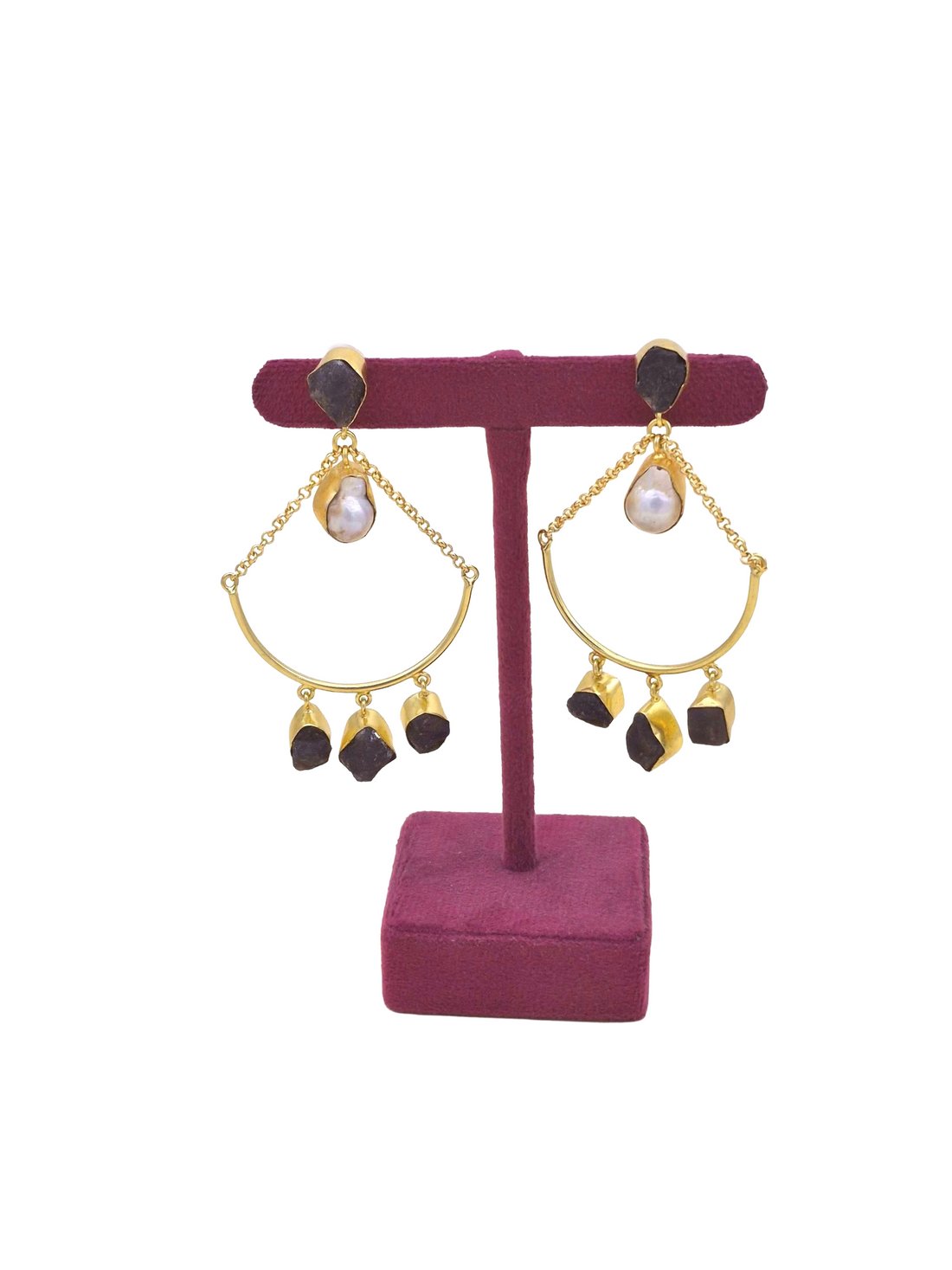 Amazing Gold Plated Rough Black Onyx Pearl Stone Hanging Chain Charming Dangle Drop Earrings