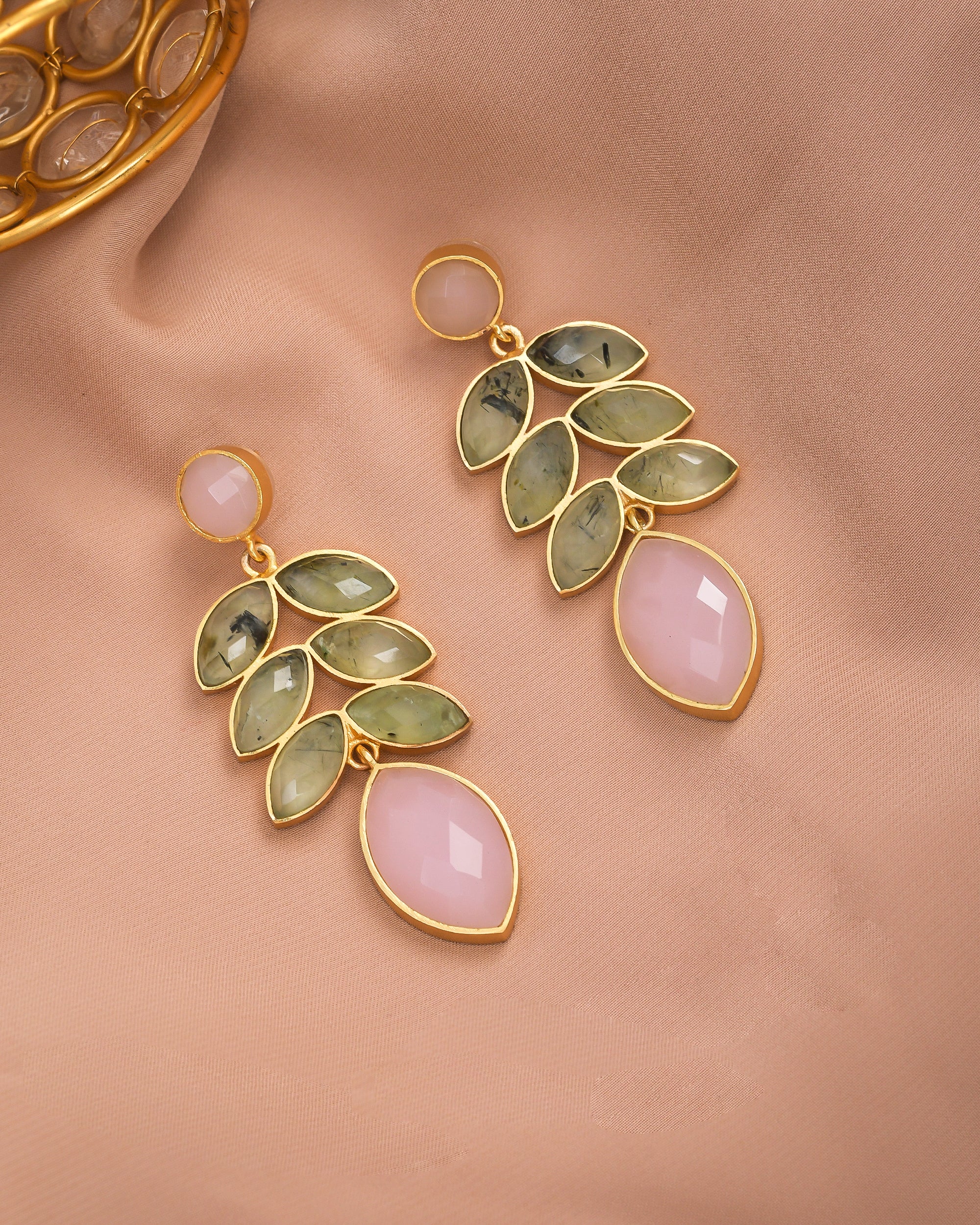 Designer dangle earrings for women with semi-precious stones and antique gold finish – artistic and graceful
