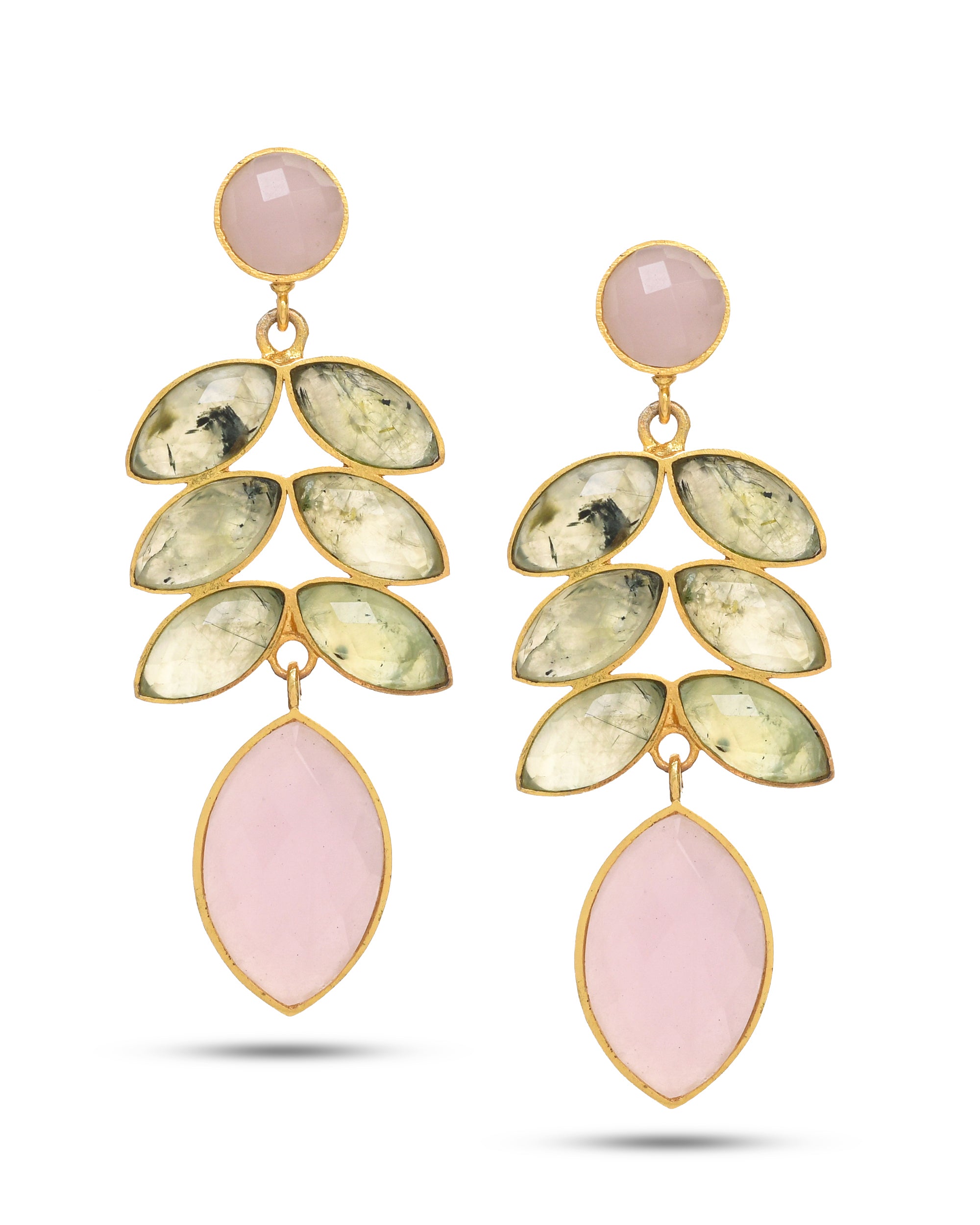 Designer antique gold dangle earrings for women, adorned with semi-precious stones in an artistic and graceful design
