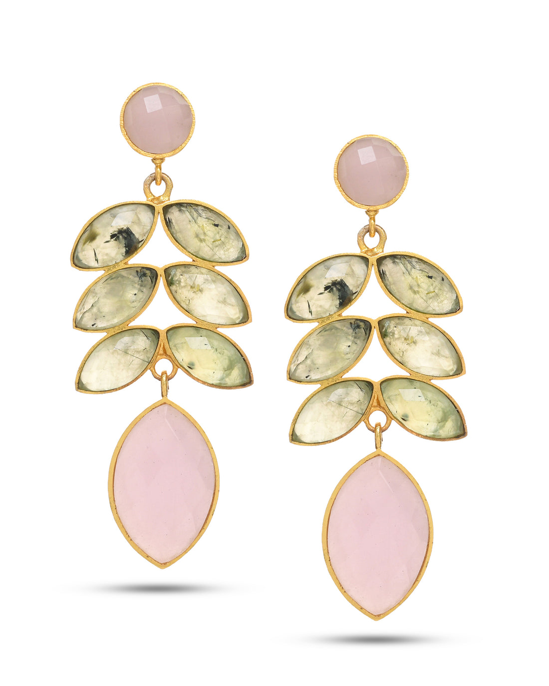Designer antique gold dangle earrings for women, adorned with semi-precious stones in an artistic and graceful design
