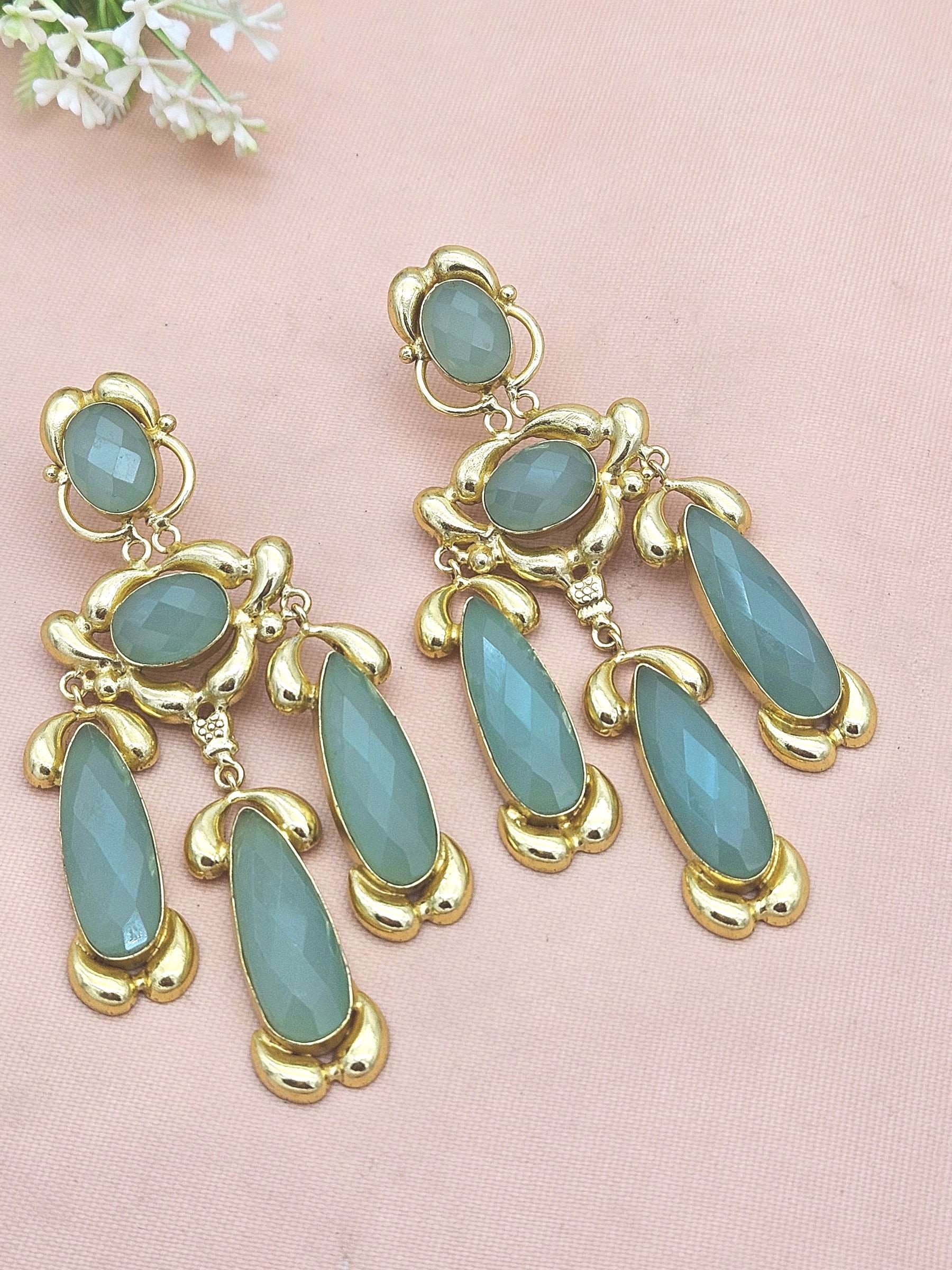 Gorgeous Gold Plated Aquamarine Gem Stone Charming Designer Costume Dangle Drop Earrings