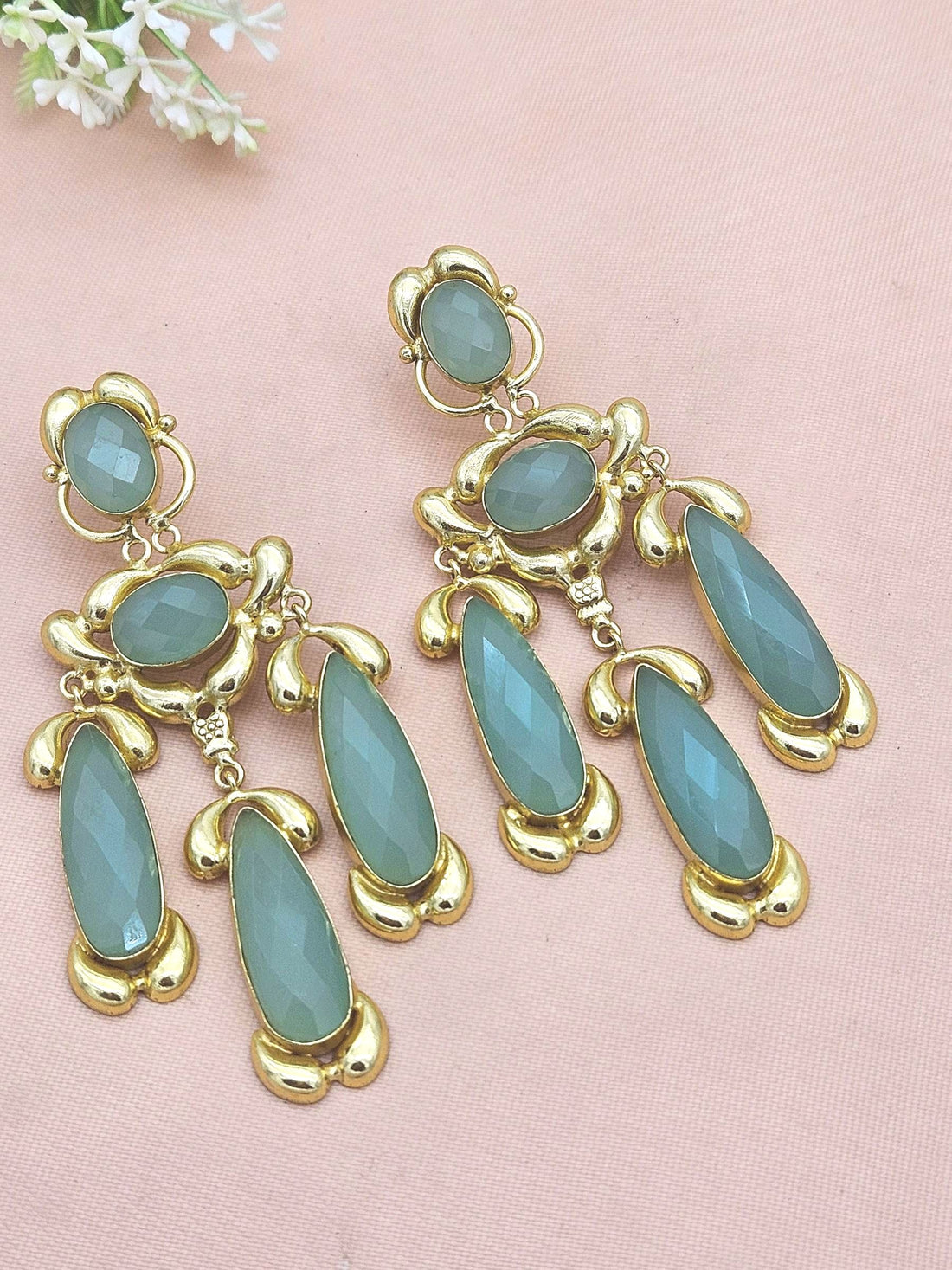 Gorgeous Gold Plated Aquamarine Gem Stone Charming Designer Costume Dangle Drop Earrings