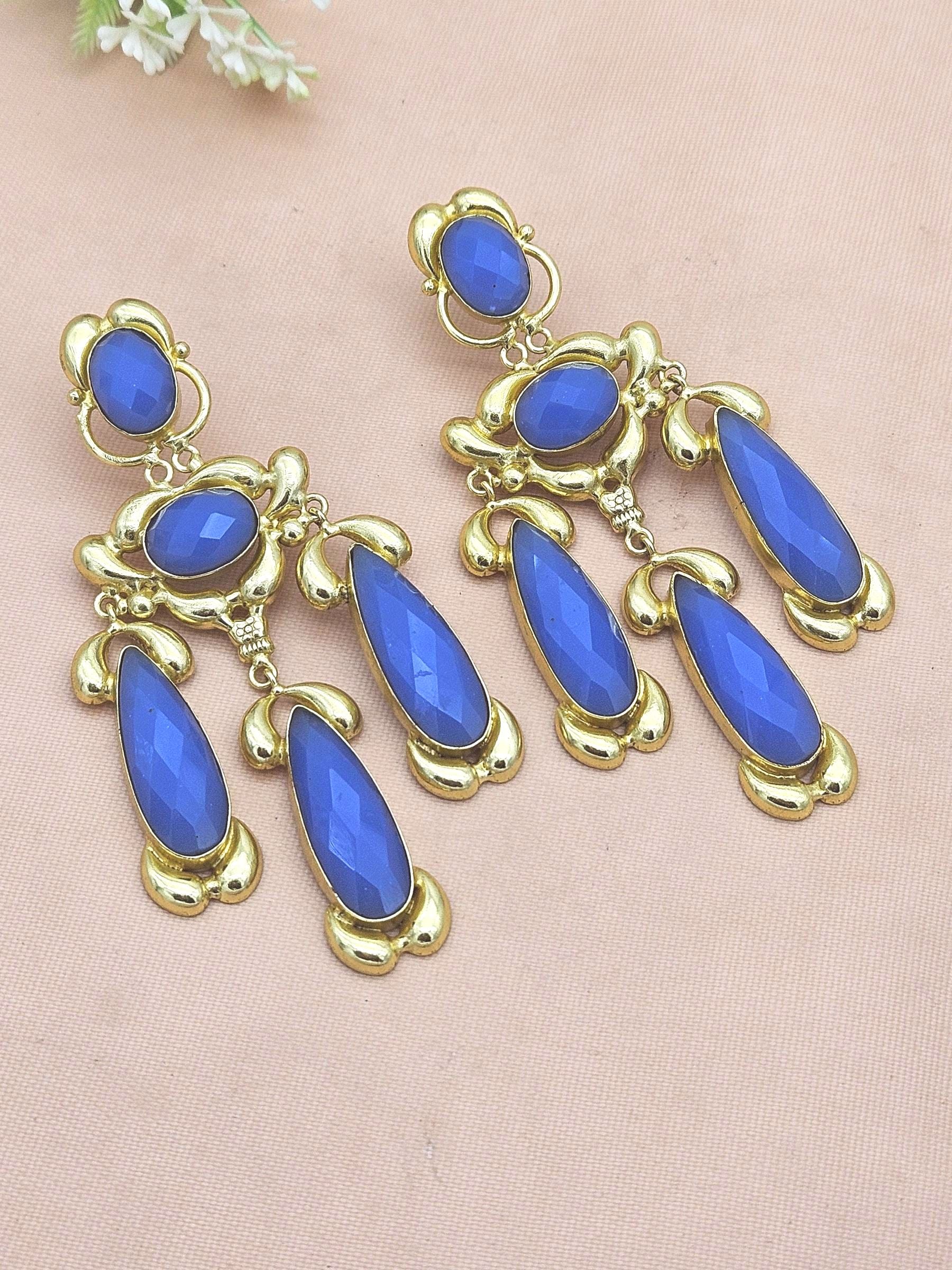 Gorgeous Gold Plated Chalcedony Gem Stone Charming Designer Costume Dangle Drop Earrings