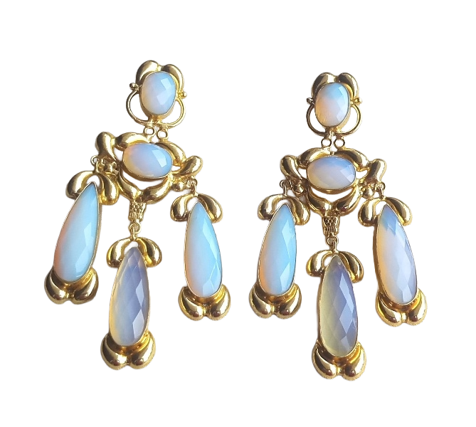 Gorgeous Gold Plated Synthetic Pink Opal Stone Charming Designer Costume Dangle Drop Earrings