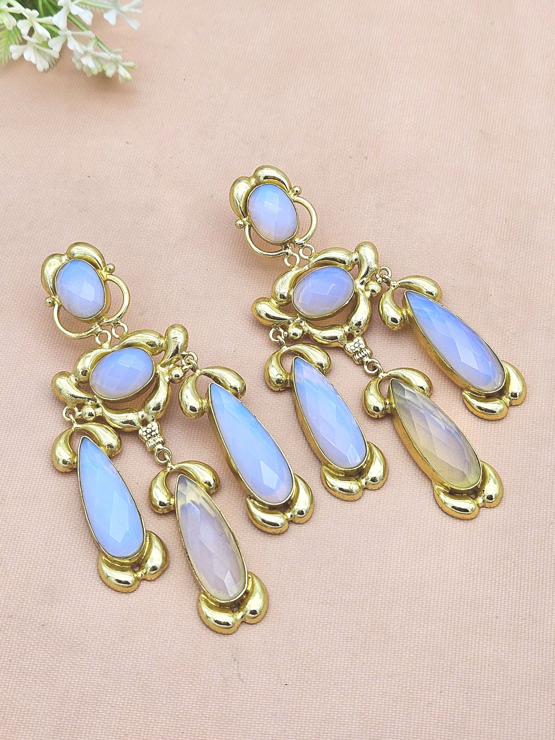 Gorgeous Gold Plated Synthetic Pink Opal Stone Charming Designer Costume Dangle Drop Earrings