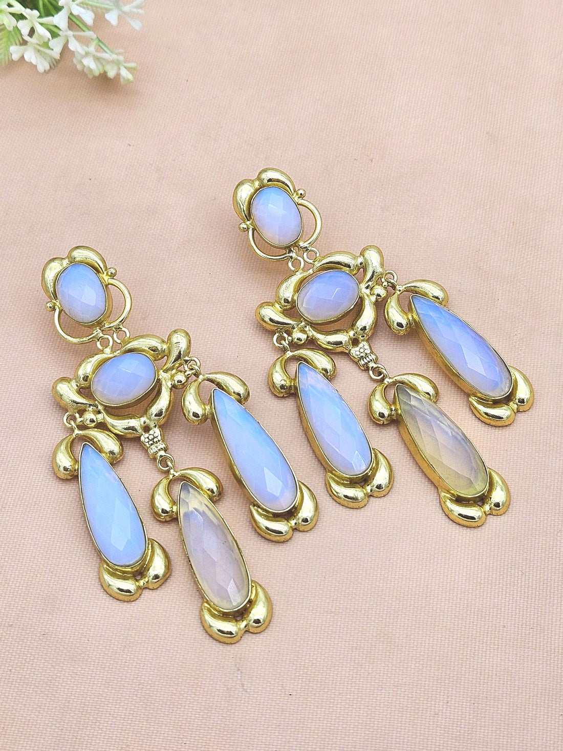 Gorgeous Gold Plated Synthetic Pink Opal Stone Charming Designer Costume Dangle Drop Earrings