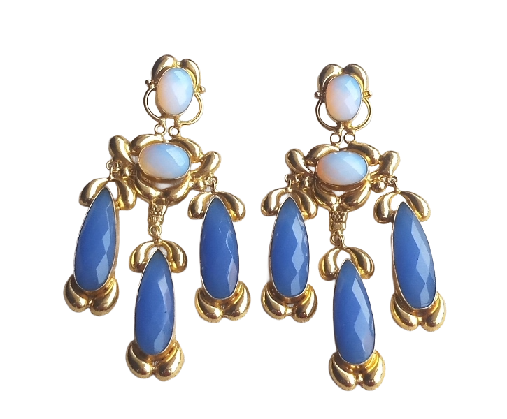 Gorgeous Gold Plated Chalcedony-Synthetic Pink Opal Stone Charming Designer Costume Dangle Drop Earrings