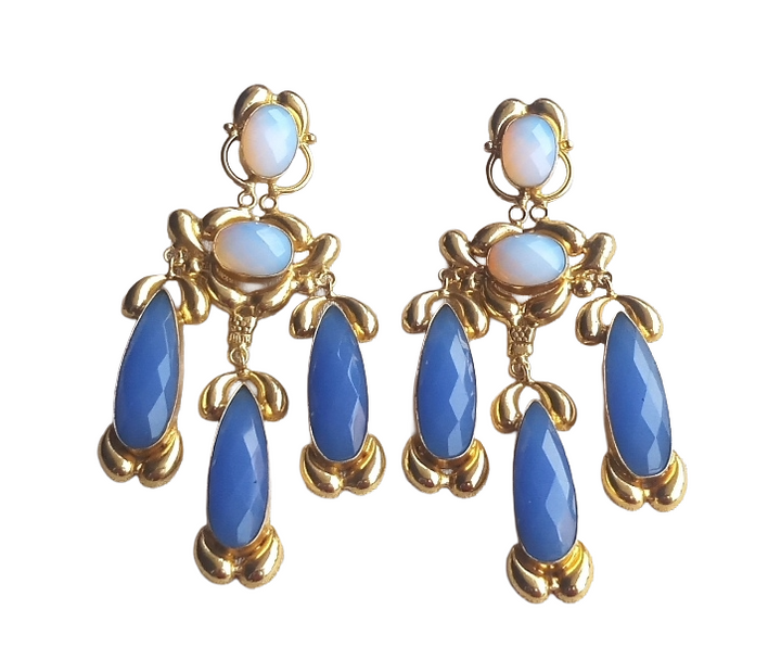 Gorgeous Gold Plated Chalcedony-Synthetic Pink Opal Stone Charming Designer Costume Dangle Drop Earrings