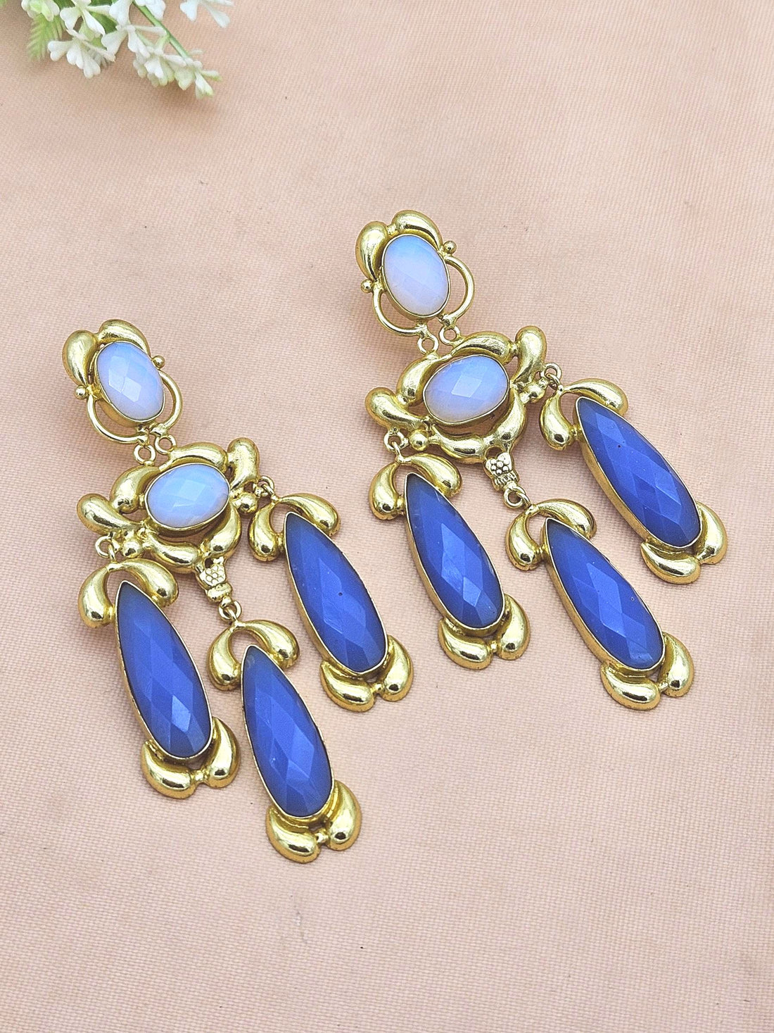 Gorgeous Gold Plated Chalcedony-Synthetic Pink Opal Stone Charming Designer Costume Dangle Drop Earrings