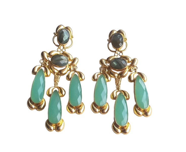 Gorgeous Gold Plated Aquamarine-Labradorite Stone Charming Designer Costume Dangle Drop Earrings