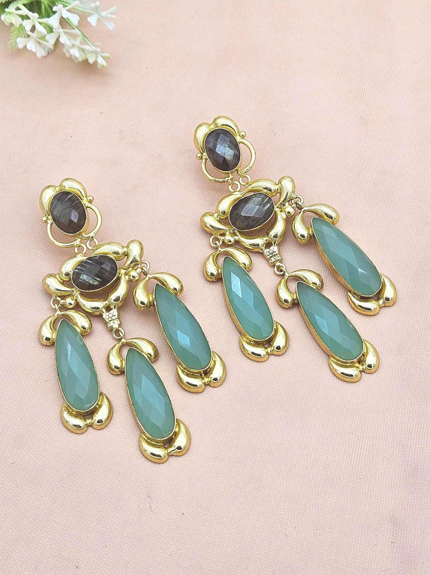 Gorgeous Gold Plated Aquamarine-Labradorite Stone Charming Designer Costume Dangle Drop Earrings