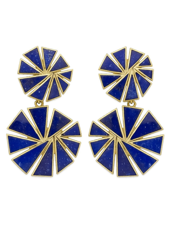 Gold plated lapis fine geometric chip stone lightweight dangle earrings isolated on pure white background.
