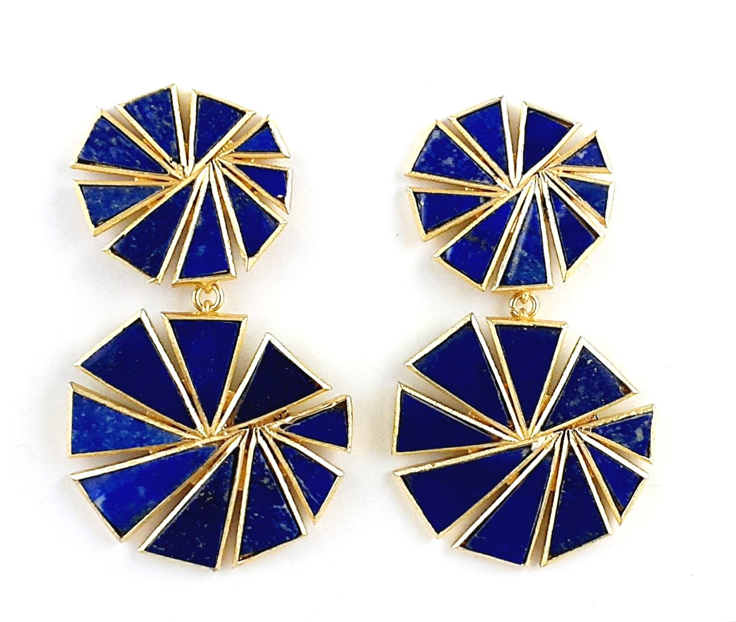 Stunning Gold Plated Lapis Fine Geometrical Chips Stone Light Weight Costume Dangle Drop Earrings