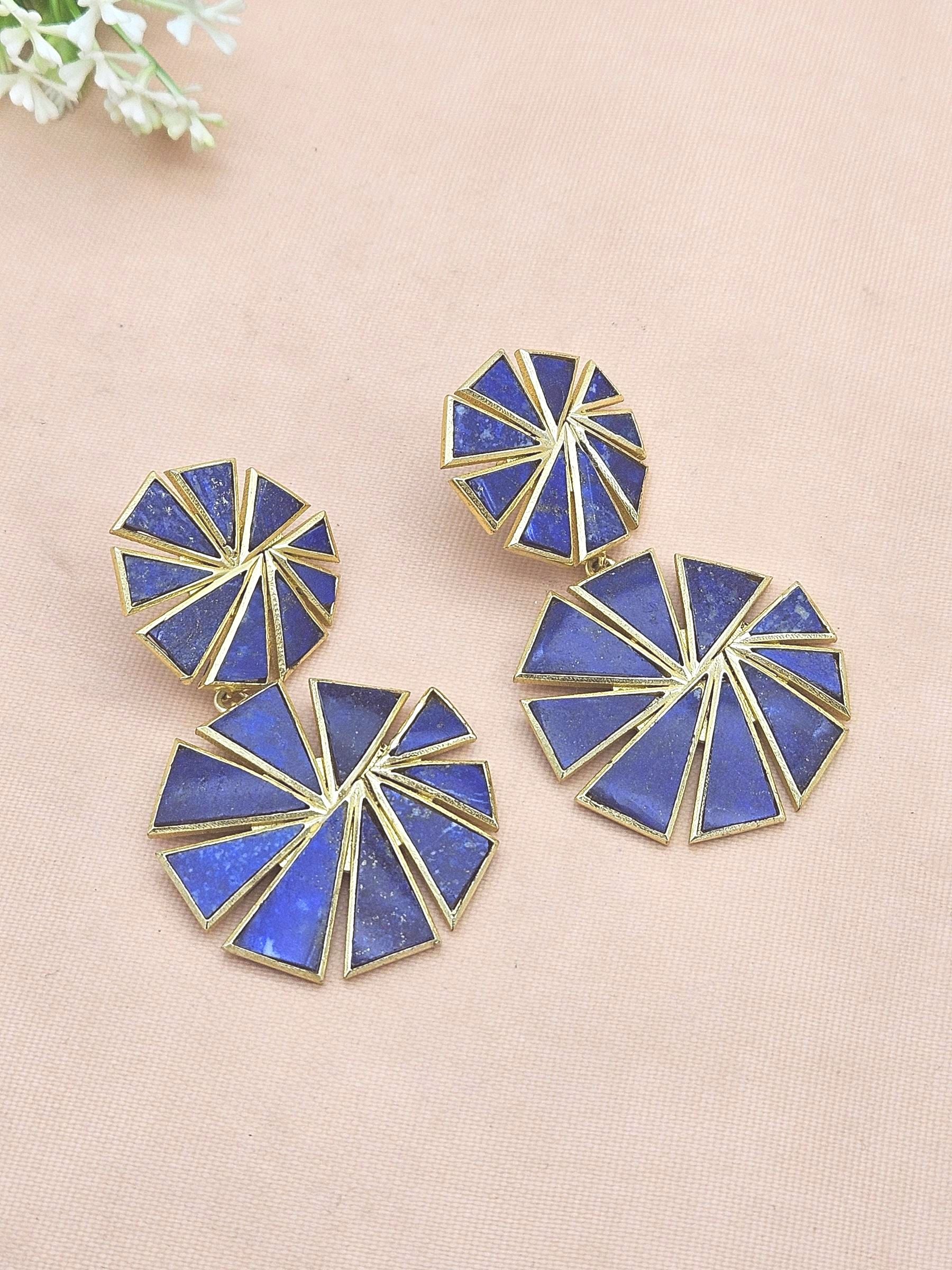 Stunning Gold Plated Lapis Fine Geometrical Chips Stone Light Weight Costume Dangle Drop Earrings
