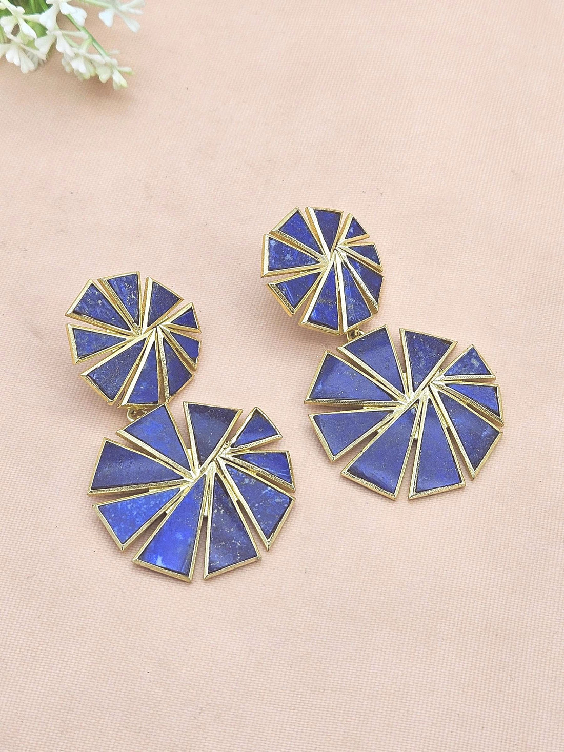Stunning Gold Plated Lapis Fine Geometrical Chips Stone Light Weight Costume Dangle Drop Earrings