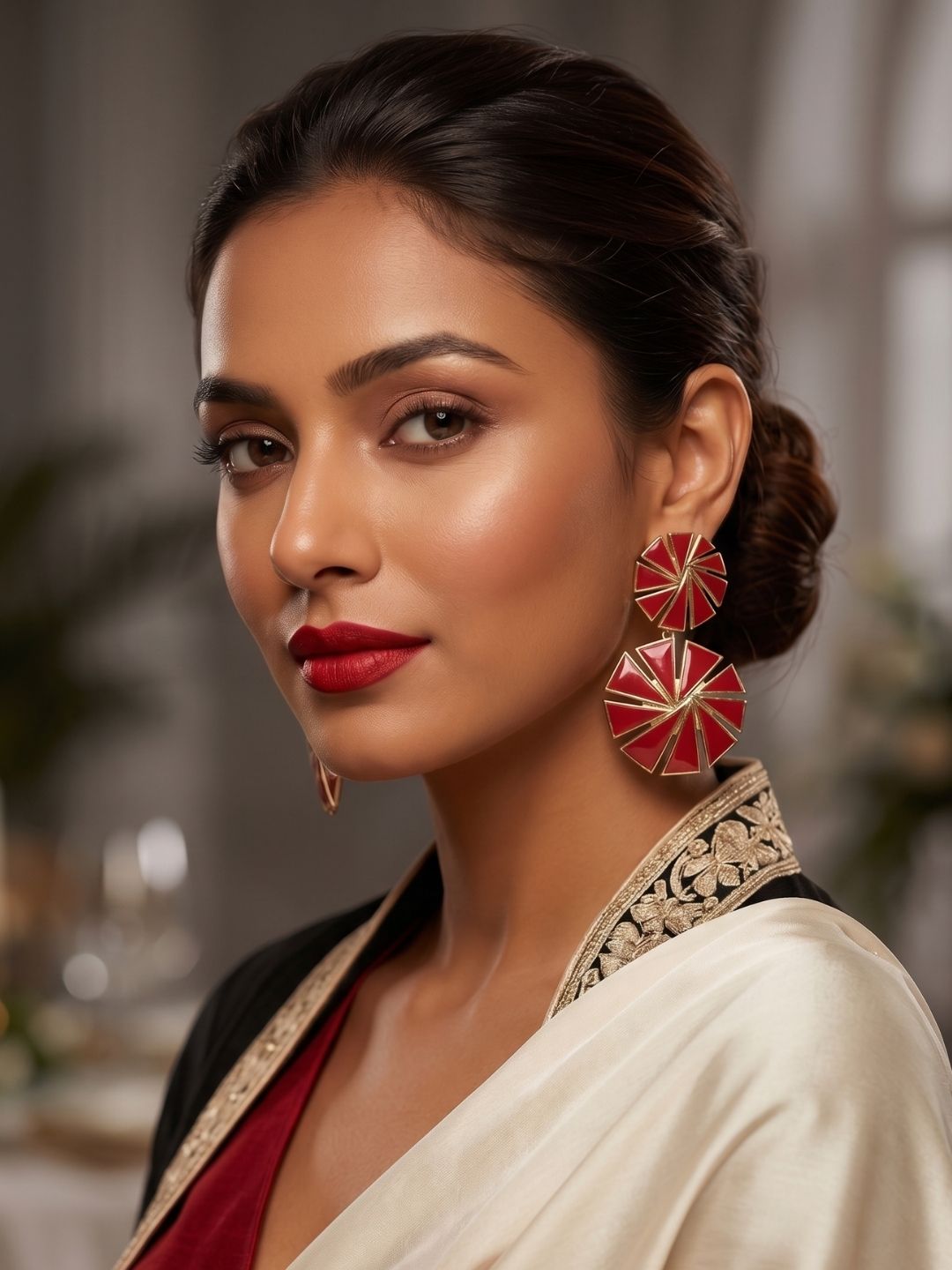 Fashion model wearing handcrafted gold plated red glass drop earrings
