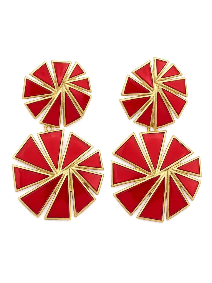 Handcrafted gold plated red glass geometric chip drop earrings for women
