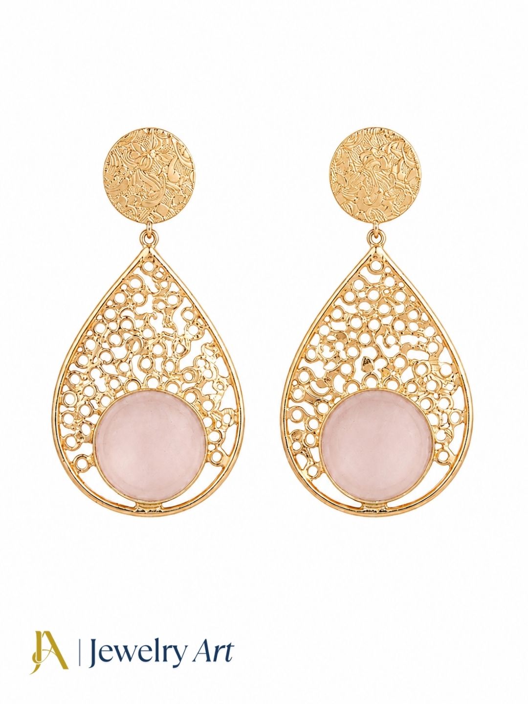 Charming gold plated Pink Quartz drop earrings isolated on white background
