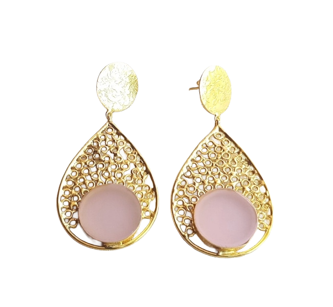 Charming Gold Plated Pink Quartz Gem Stone Light Weight Designer Dangle Drop Earrings