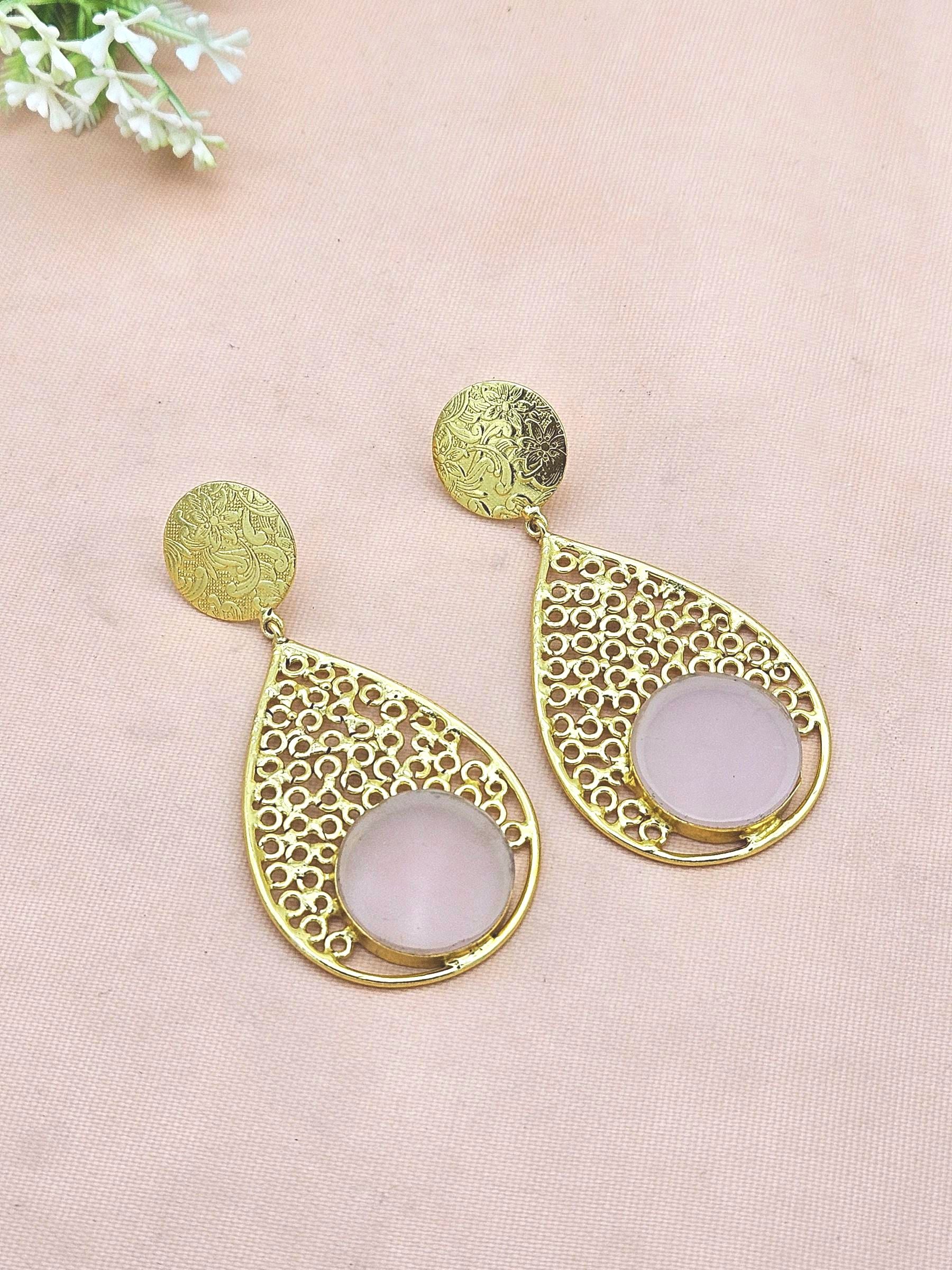 Charming Gold Plated Pink Quartz Gem Stone Light Weight Designer Dangle Drop Earrings