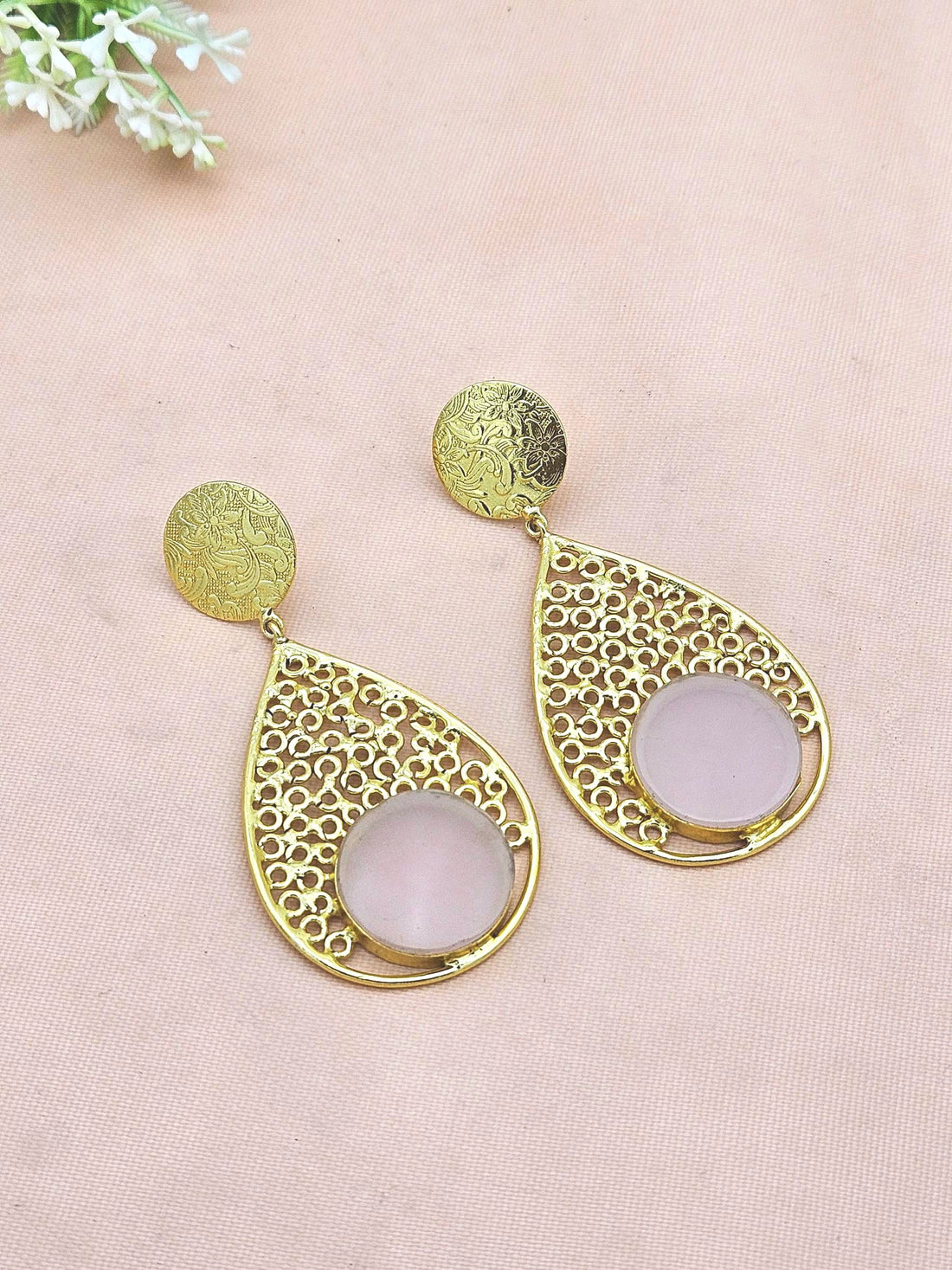 Charming Gold Plated Pink Quartz Gem Stone Light Weight Designer Dangle Drop Earrings