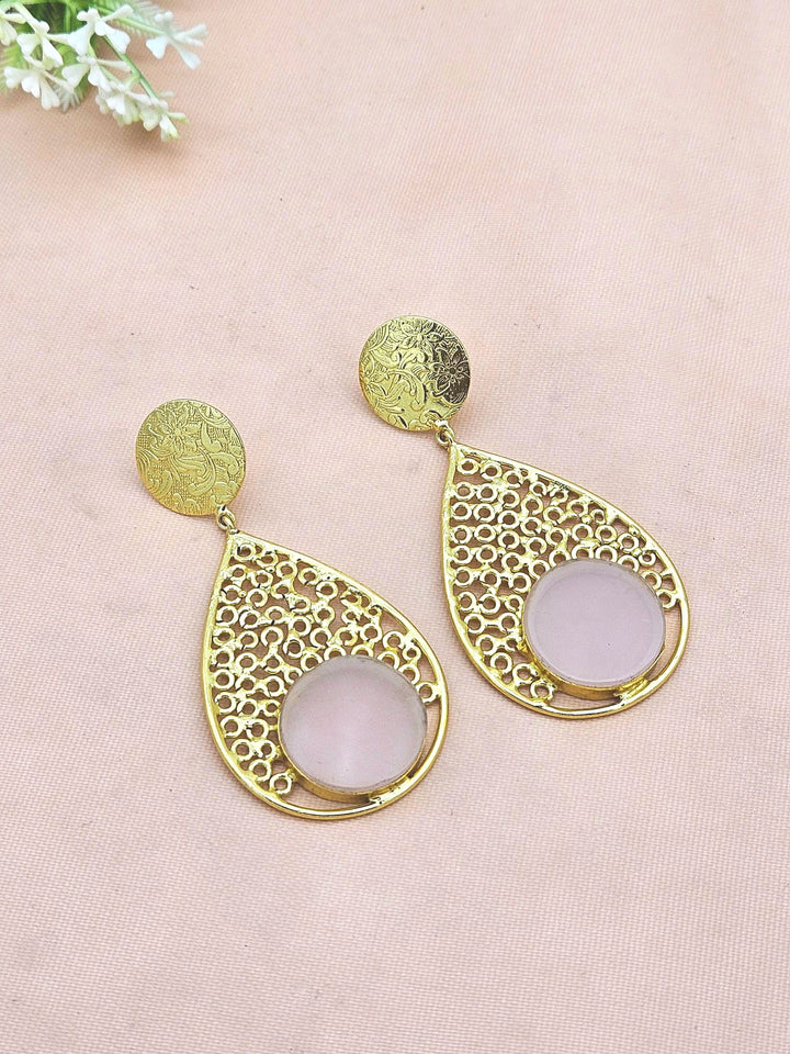 Charming Gold Plated Pink Quartz Gem Stone Light Weight Designer Dangle Drop Earrings