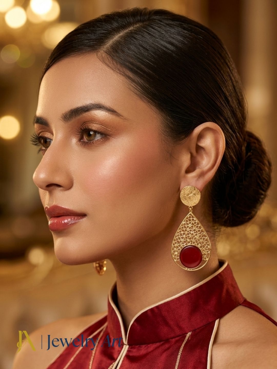 Model wearing contemporary Red Onyx statement earrings
