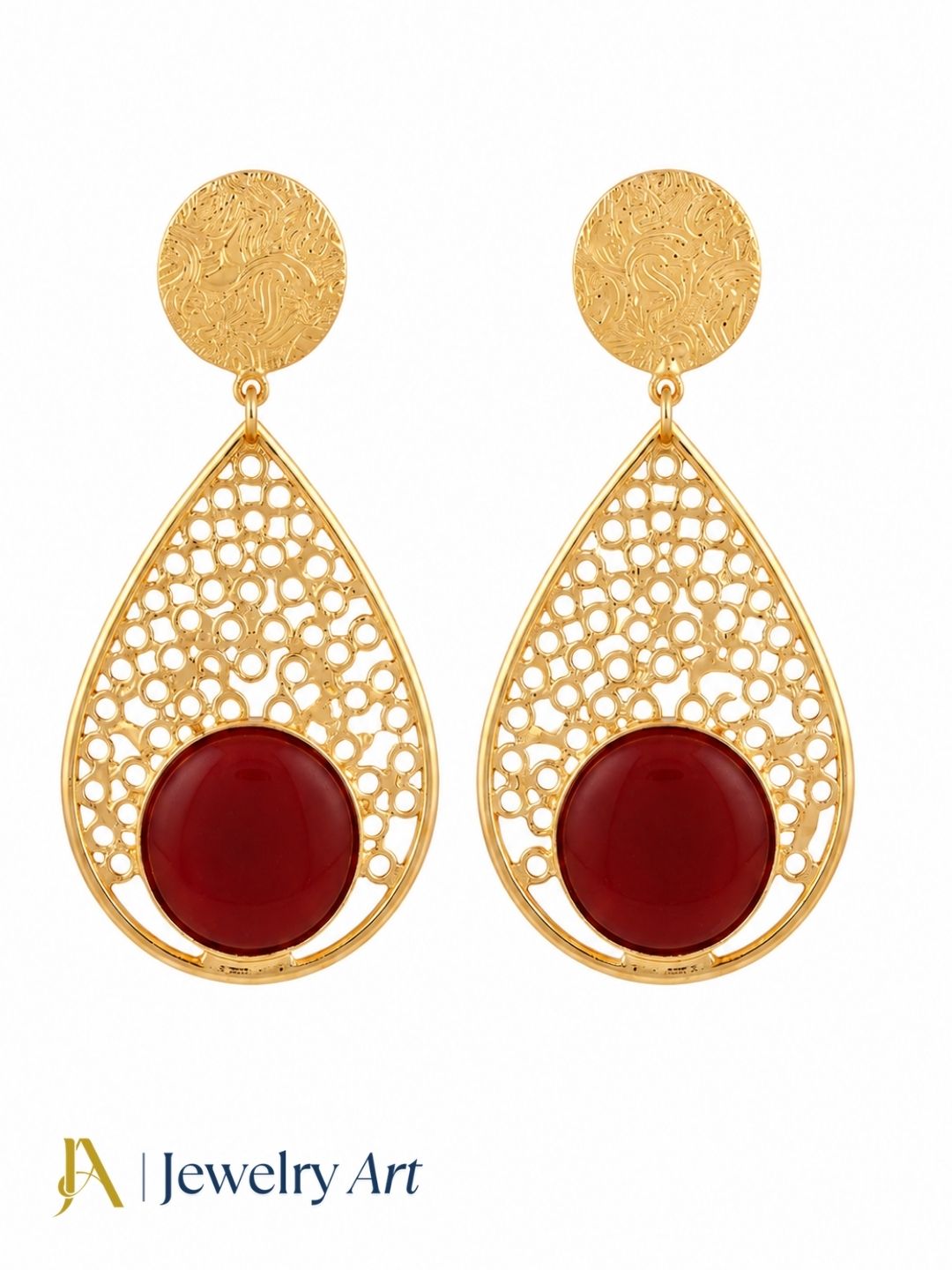 Premium gold plated Red Onyx designer earrings on white background
