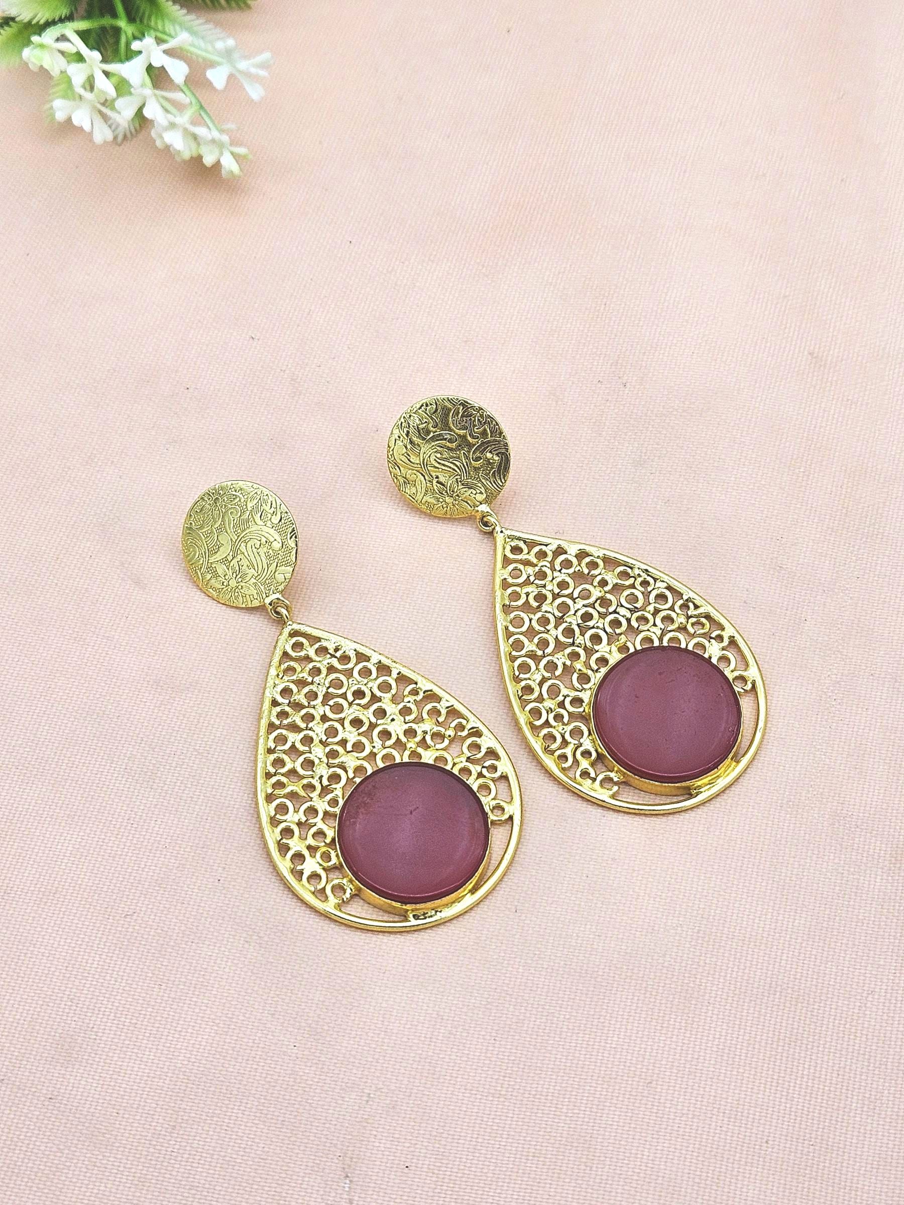 Charming Gold Plated Red Onyx Stone Light Weight Designer Dangle Drop Earrings