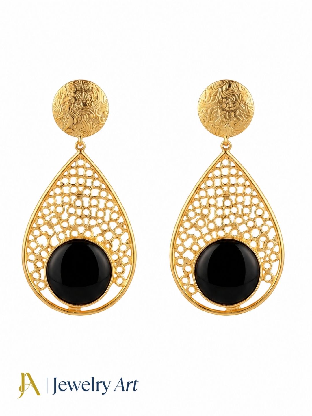 Handcrafted gold plated Black Onyx stone lightweight designer dangle drop earrings isolated on pure white background.
