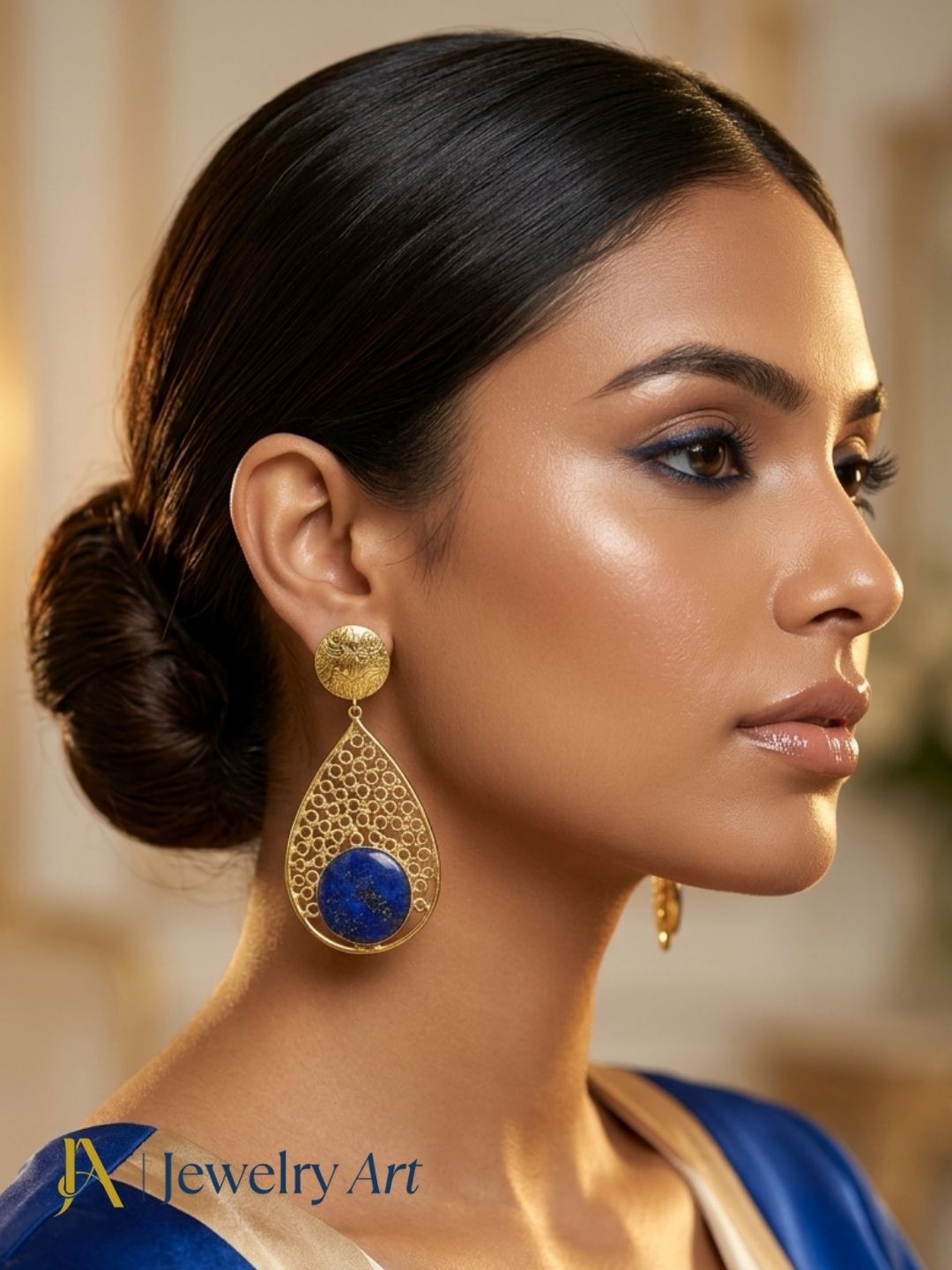 Model wearing artisan-crafted Lapis lightweight dangle earrings
