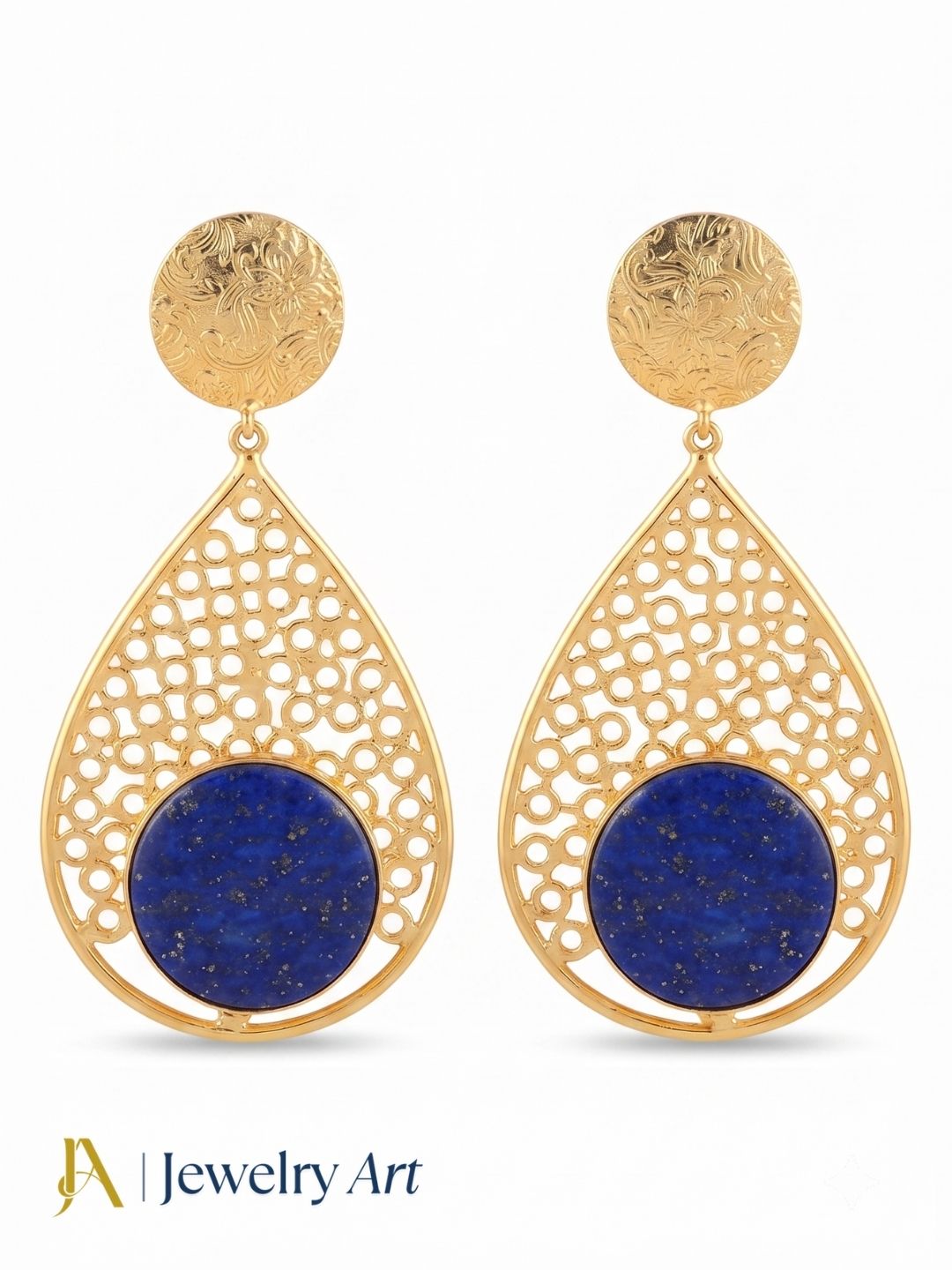 Charming gold plated Lapis gemstone drop earrings isolated on white background
