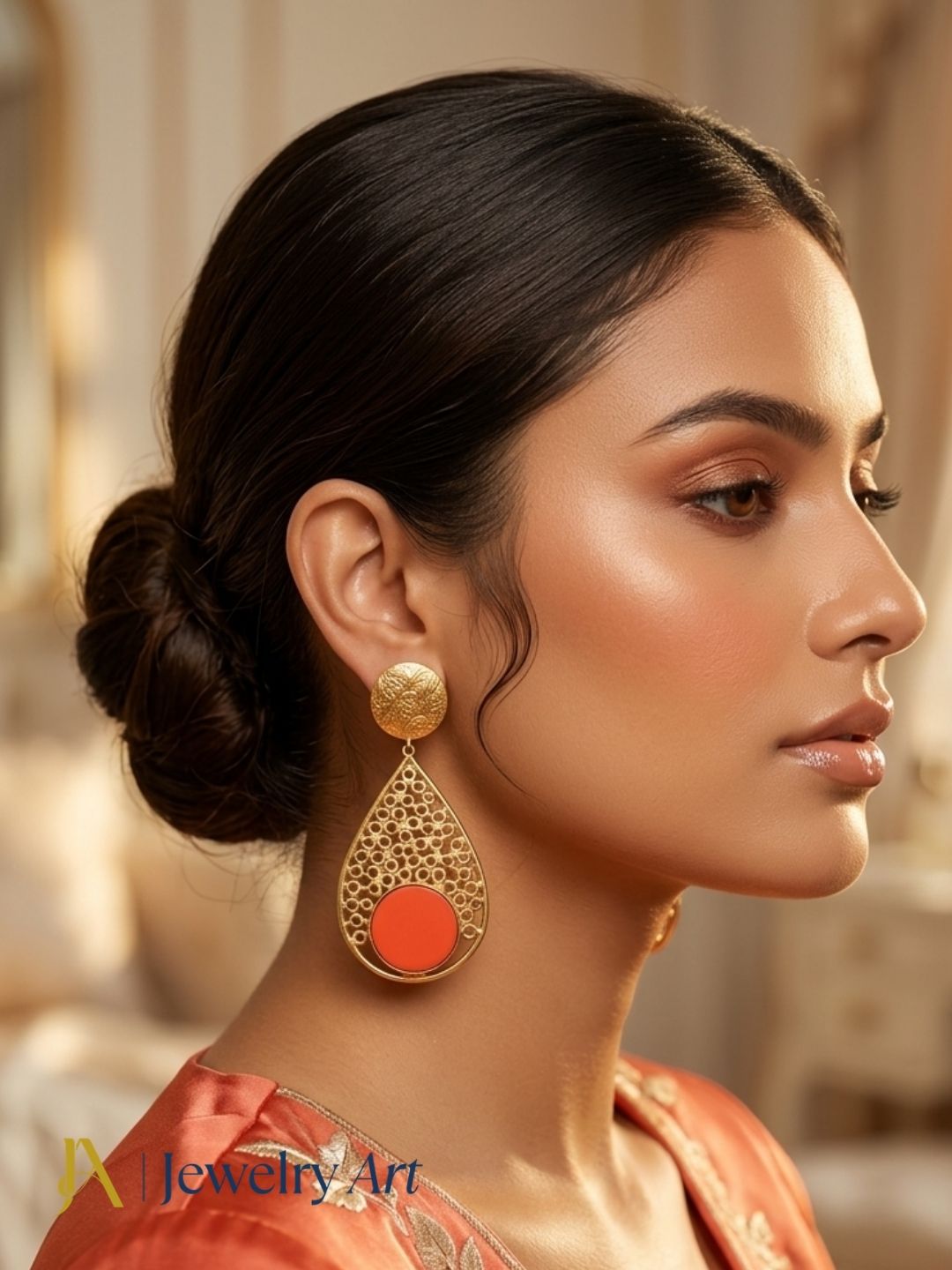 Woman styling elegant gold plated Coral glass stone earrings
