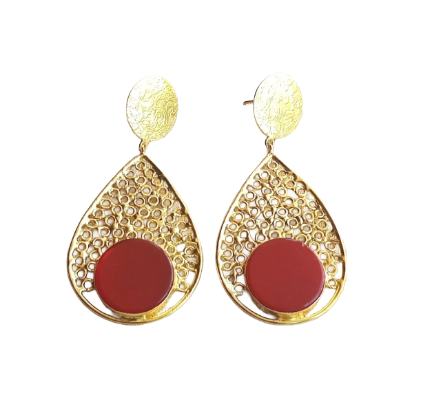 Charming Gold Plated Coral Glass Stone Light Weight Designer Dangle Drop Earrings